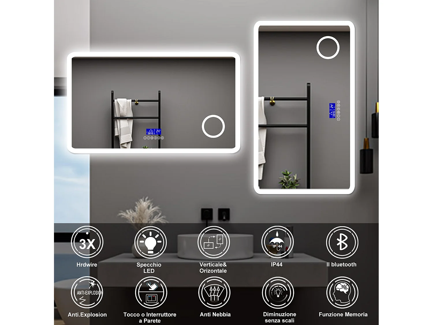 AICA Specchio da bagno  120 x 70 cm, dimmerabile, Blue tooth, Funzione Memoria, antiappannamento, 3 colori, Magnificatore,  orologio