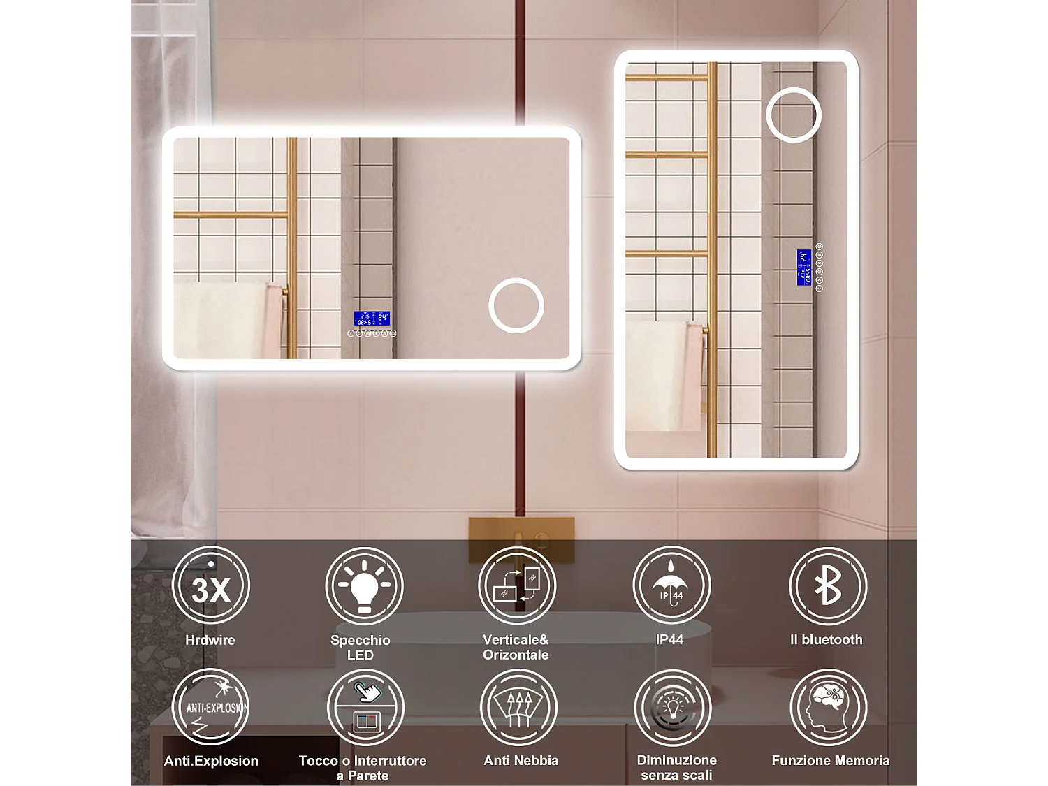 AICA Specchio da bagno  140 x 80 cm,  dimmerabile, Blue tooth,  Funzione Memoria, antiappannamento, 3 colori, Magnificatore,  orologio