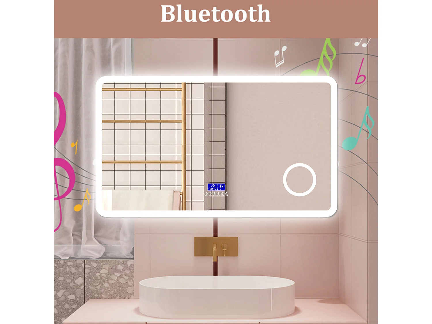 AICA Specchio da bagno  140 x 80 cm,  dimmerabile, Blue tooth,  Funzione Memoria, antiappannamento, 3 colori, Magnificatore,  orologio