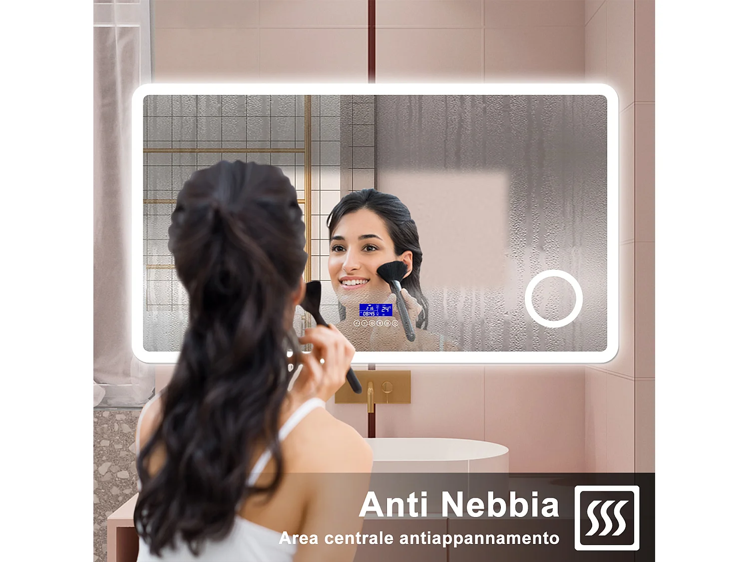 AICA Specchio da bagno  140 x 80 cm,  dimmerabile, Blue tooth,  Funzione Memoria, antiappannamento, 3 colori, Magnificatore,  orologio