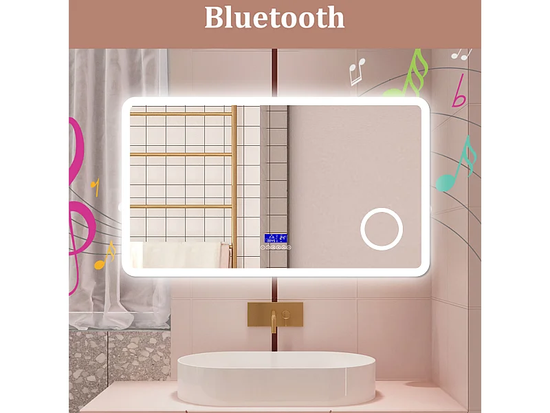 AICA Specchio da bagno  140 x 80 cm,  dimmerabile, Blue tooth,  Funzione Memoria, antiappannamento, 3 colori, Magnificatore,  orologio