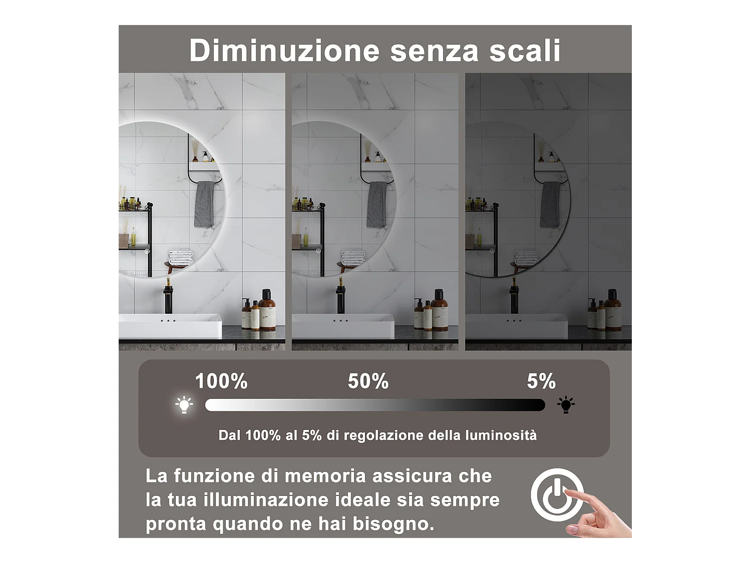 AICA Specchio da bagno 60 x 60 cm, antiappannamento, dimmerabile, interruttore touch, Funzione Memoria