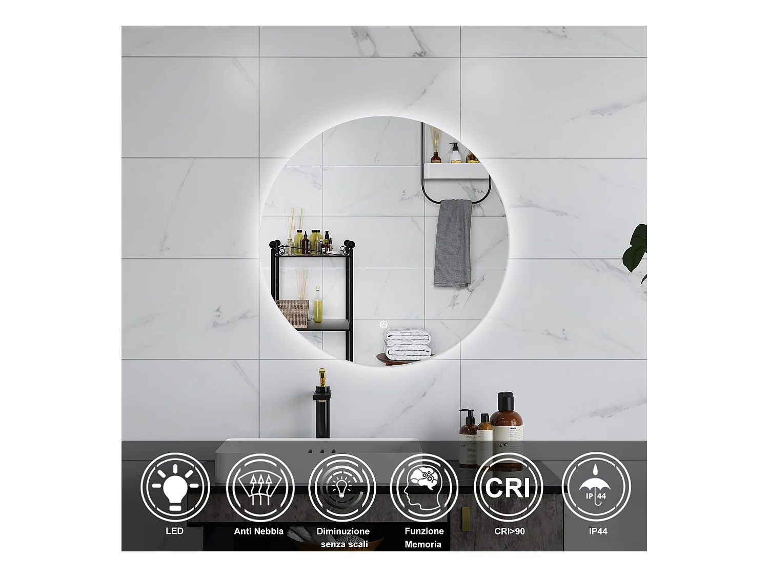 AICA Specchio da bagno 60 x 60 cm, antiappannamento, dimmerabile, interruttore touch, Funzione Memoria