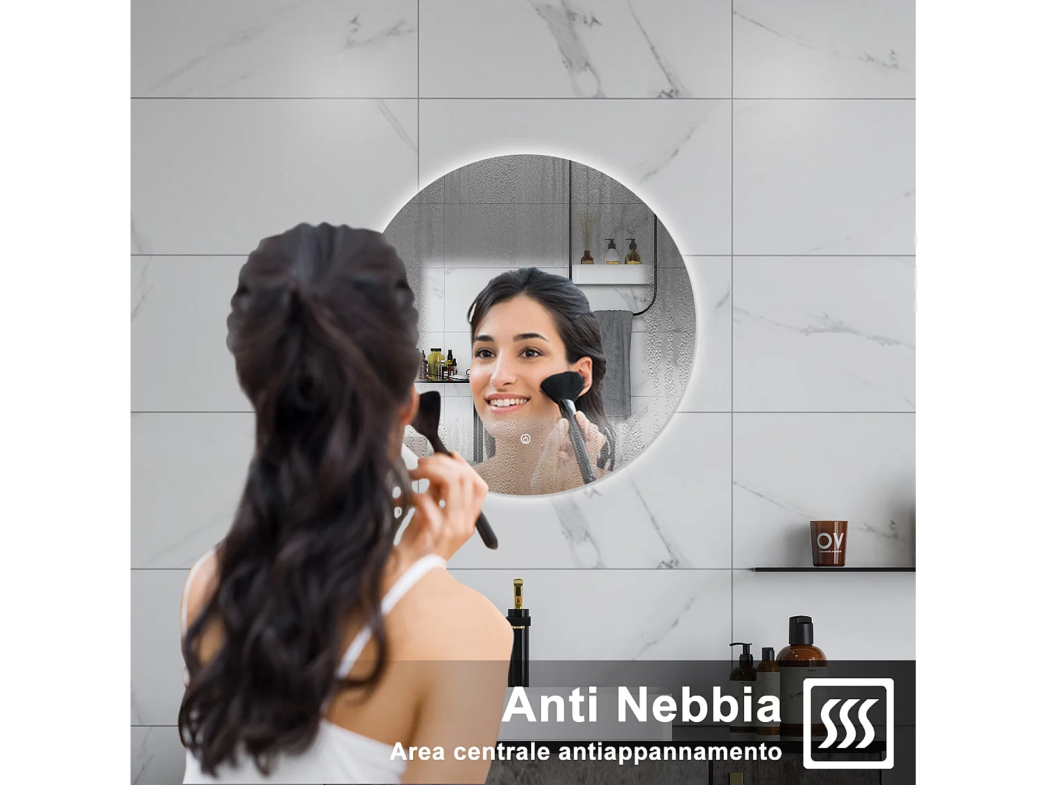 AICA Specchio da bagno 60 x 60 cm, antiappannamento, dimmerabile, interruttore touch, Funzione Memoria