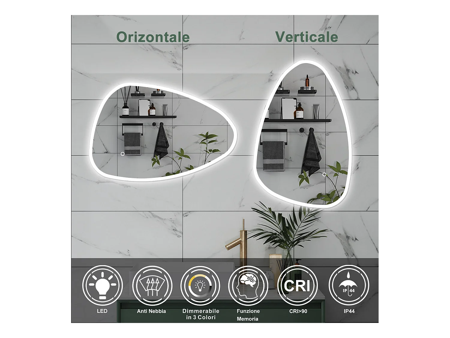 AICA Specchio da bagno 120 x 80 cm, dimmerabile, Funzione Memoria, antiappannamento, 3 colori