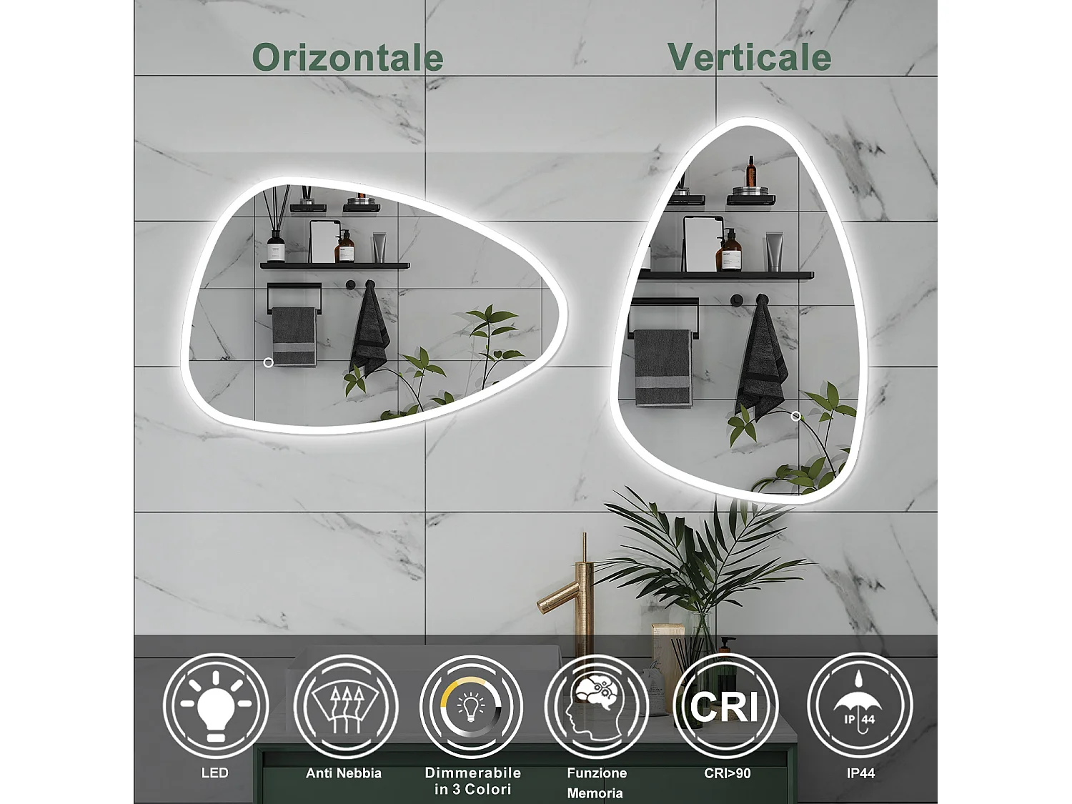 AICA Specchio da bagno 120 x 80 cm, dimmerabile, Funzione Memoria, antiappannamento, 3 colori