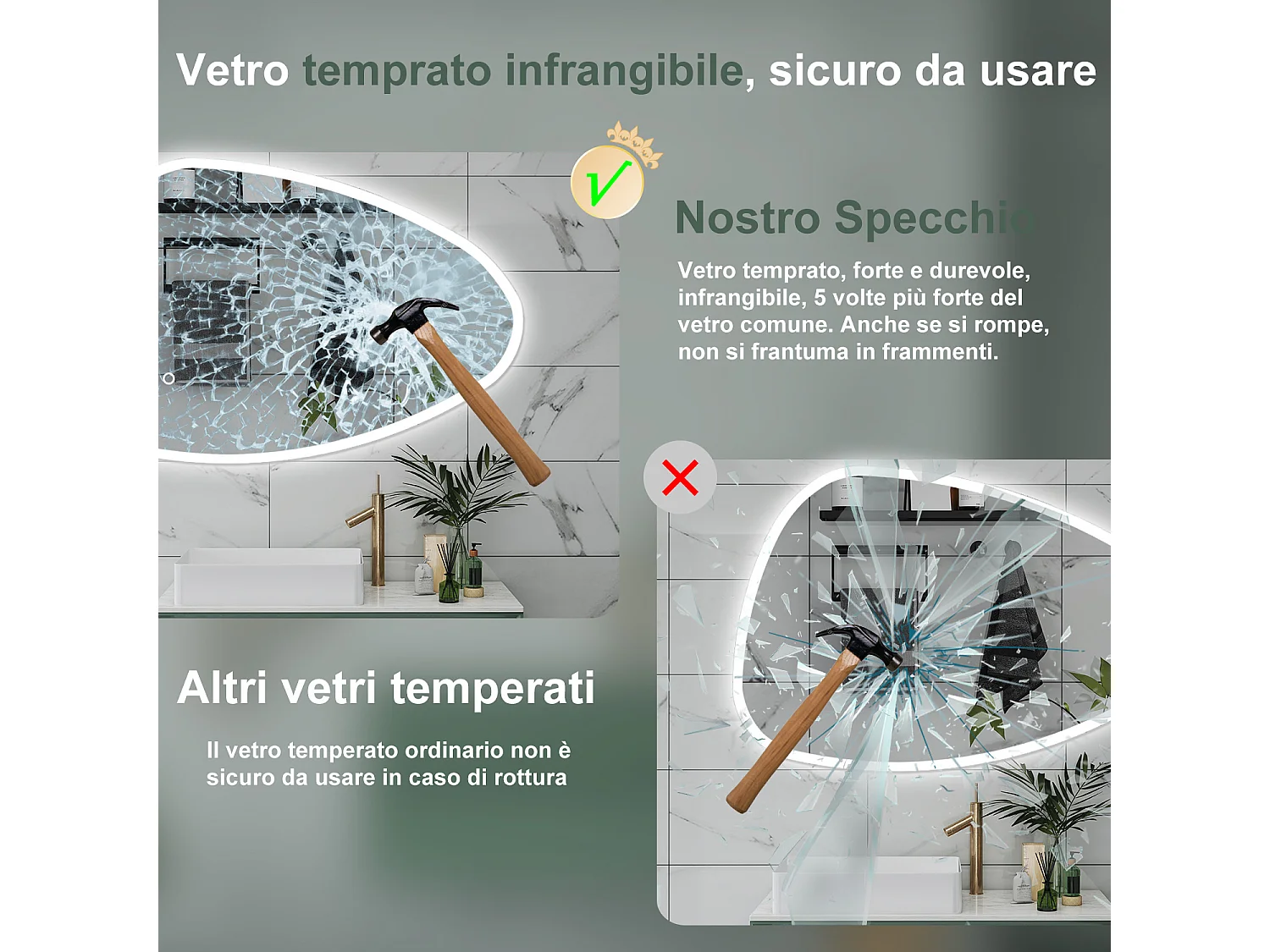 AICA Specchio da bagno 120 x 80 cm, dimmerabile, Funzione Memoria, antiappannamento, 3 colori