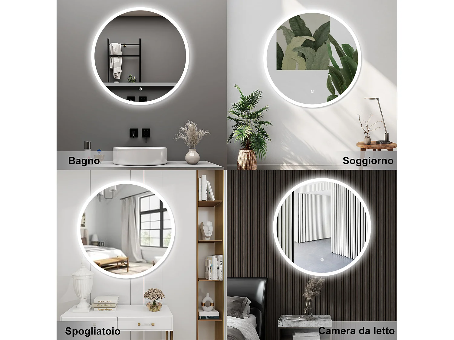 AICA Specchio da bagno 60 x 60 cm, 3 colori, antiappannamento, dimmerabile, interruttore touch, Funzione Memoria