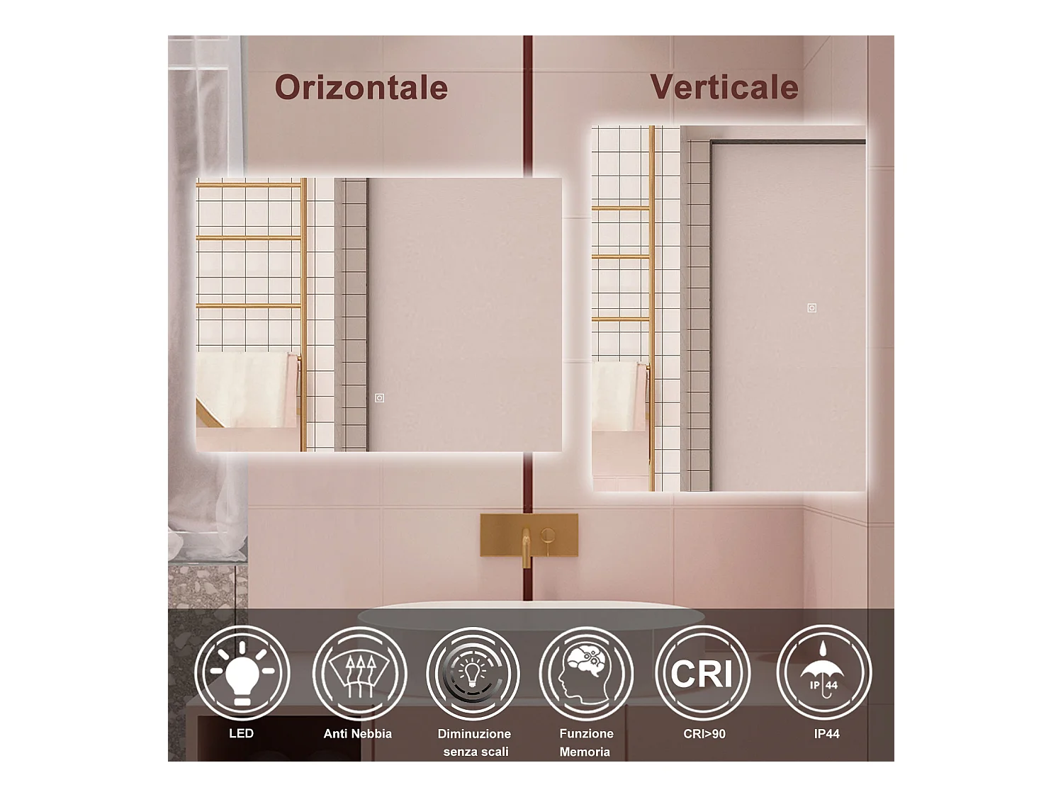 AICA Specchio da bagno 80 x 60 cm, antiappannamento, dimmerabile, interruttore touch, Funzione Memoria