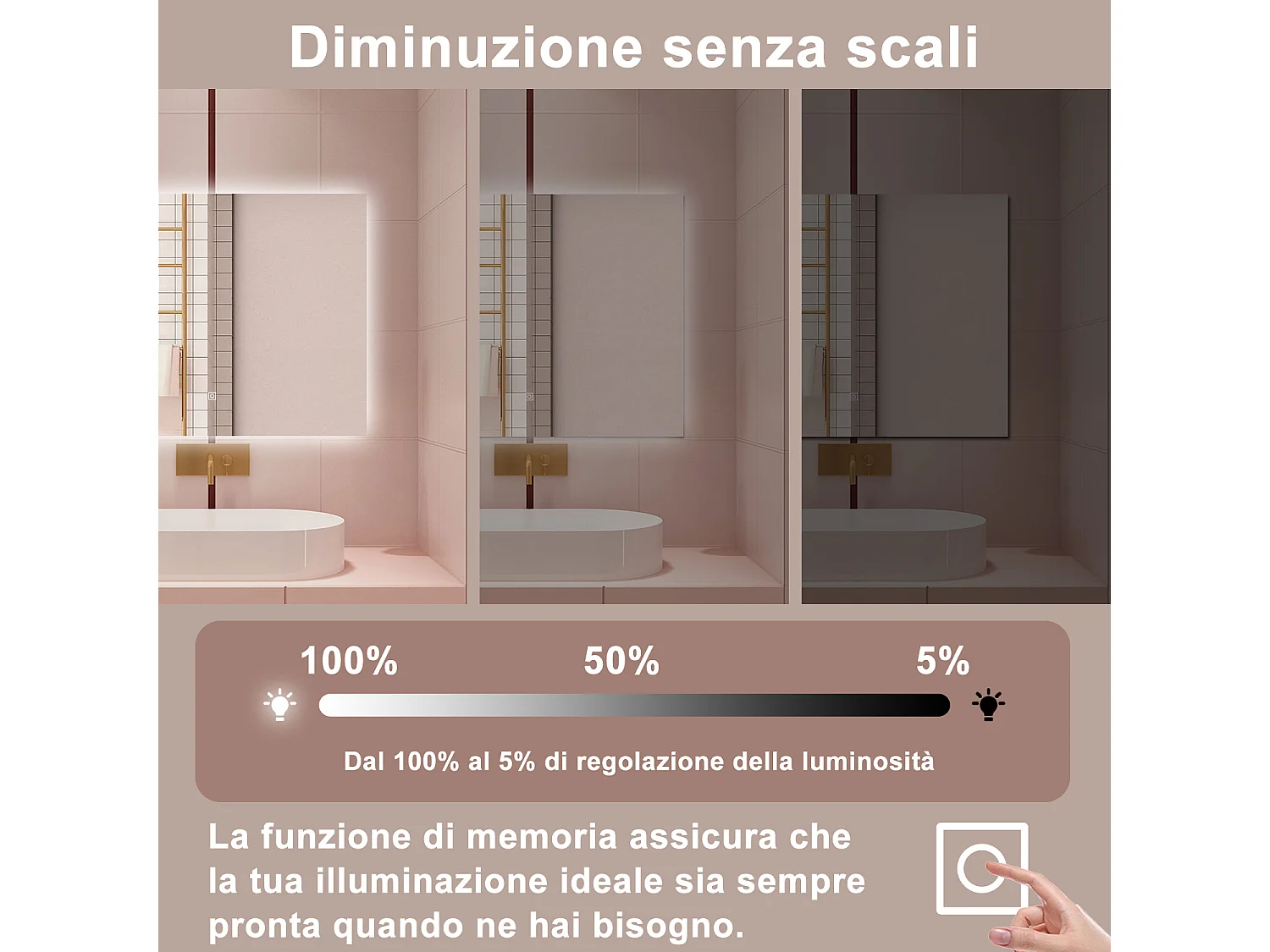 AICA Specchio da bagno 80 x 60 cm, antiappannamento, dimmerabile, interruttore touch, Funzione Memoria