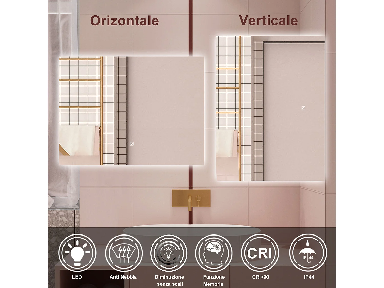 AICA Specchio da bagno 80 x 60 cm, antiappannamento, dimmerabile, interruttore touch, Funzione Memoria