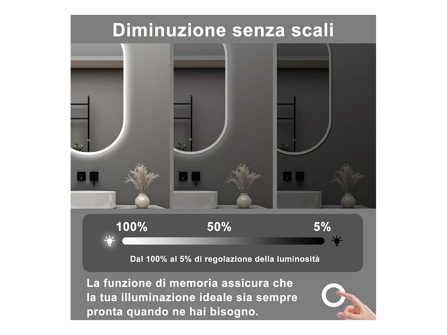 AICA Specchio da bagno 50 x 90 cm, dimmerabile，interruttore touch， Funzione Memoria, antiappannamento