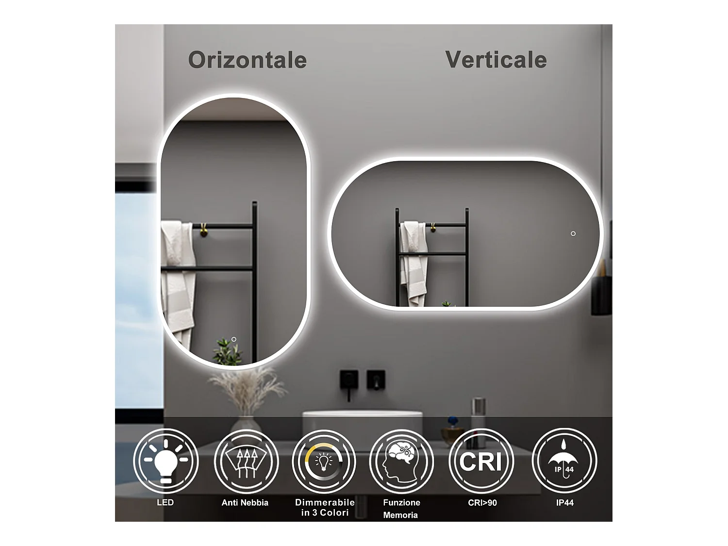 AICA Specchio da bagno 50 x 90 cm, dimmerabile，interruttore touch， Funzione Memoria, antiappannamento