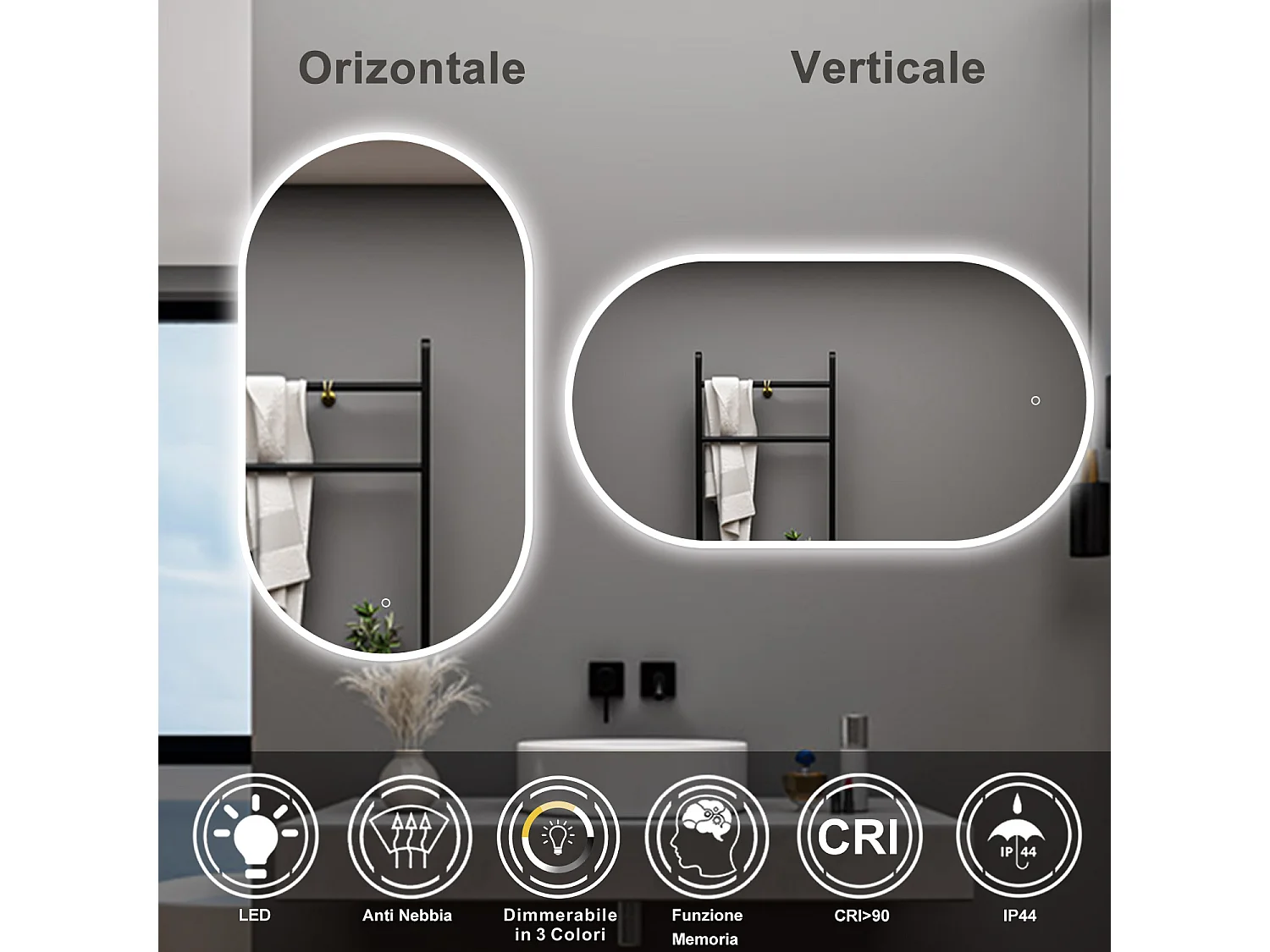 AICA Specchio da bagno 50 x 90 cm, dimmerabile，interruttore touch， Funzione Memoria, antiappannamento