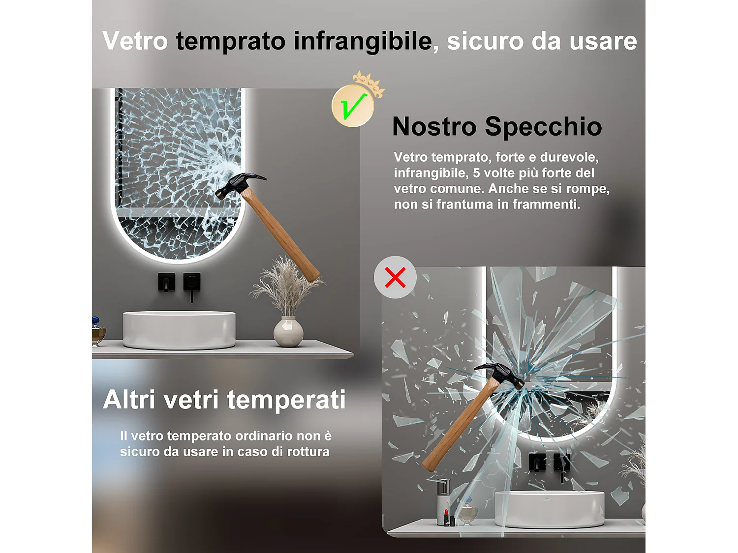 AICA Specchio da bagno 50 x 90 cm, dimmerabile，interruttore touch， Funzione Memoria, antiappannamento