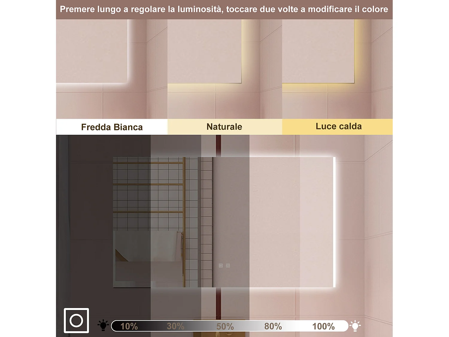 AICA Specchio da bagno  100 x 60 cm, dimmerabile, Funzione Memoria, antiappannamento, 3 colori