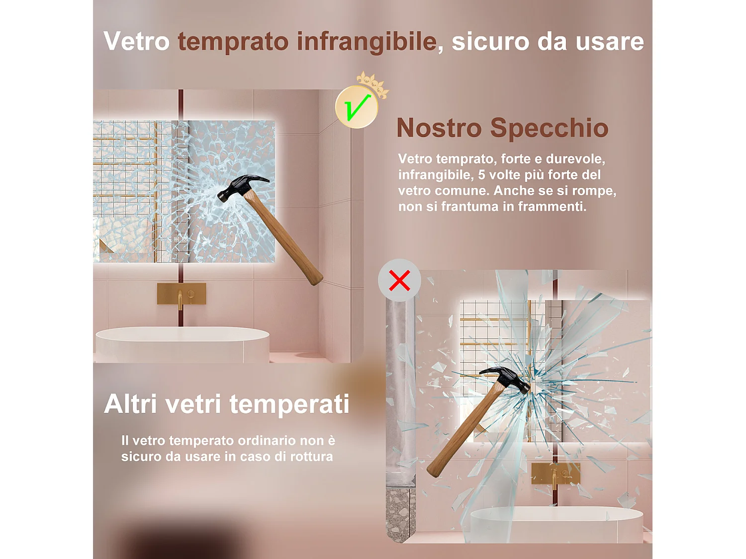 AICA Specchio da bagno  100 x 60 cm, dimmerabile, Funzione Memoria, antiappannamento, 3 colori