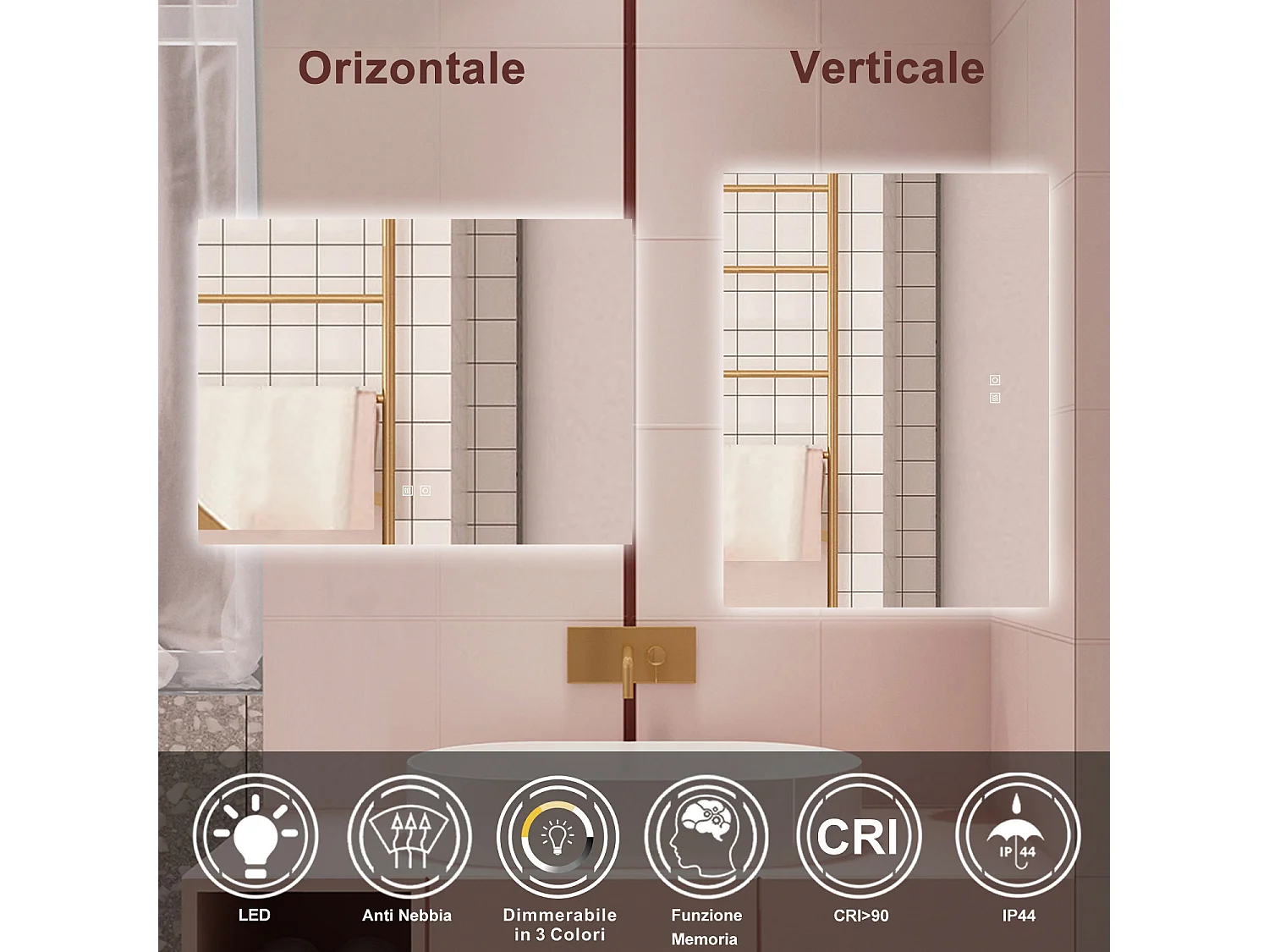 AICA Specchio da bagno  100 x 60 cm, dimmerabile, Funzione Memoria, antiappannamento, 3 colori