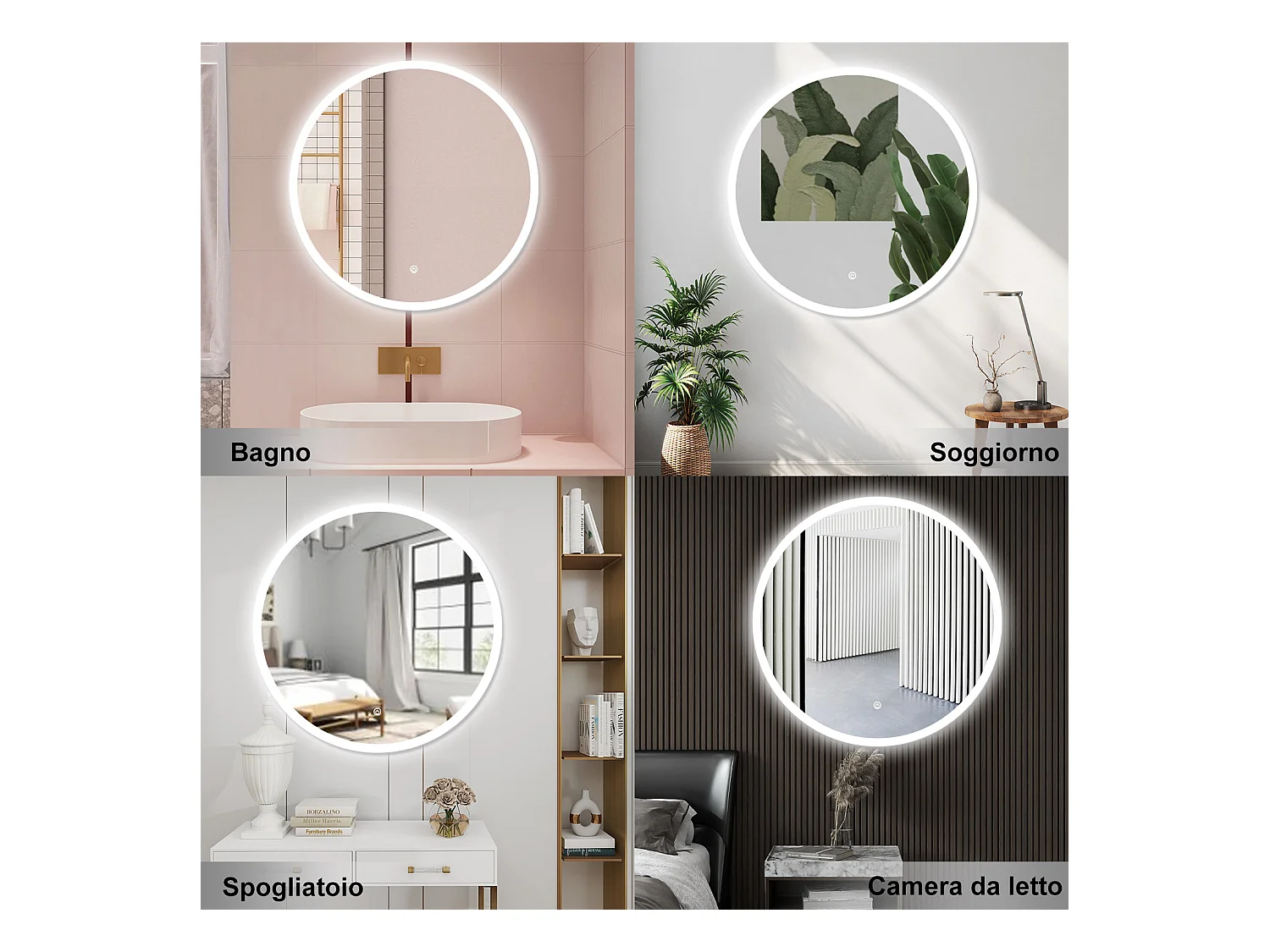 AICA Specchio da bagno 90 x 90 cm, antiappannamento, dimmerabile, interruttore touch, Funzione Memoria