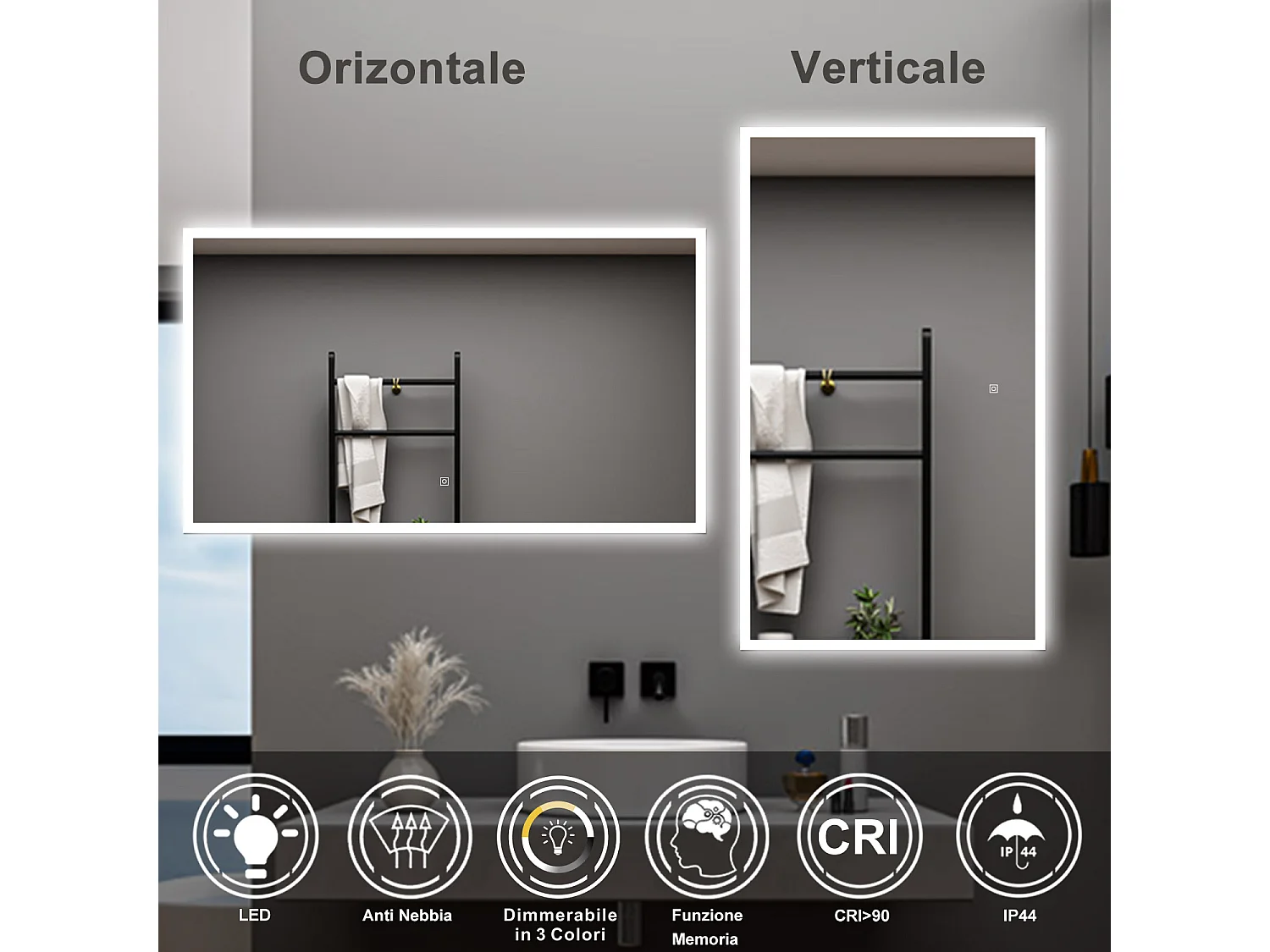 AICA Specchio da bagno  120 x 70 cm, dimmerabile, Funzione Memoria, antiappannamento, 3 colori