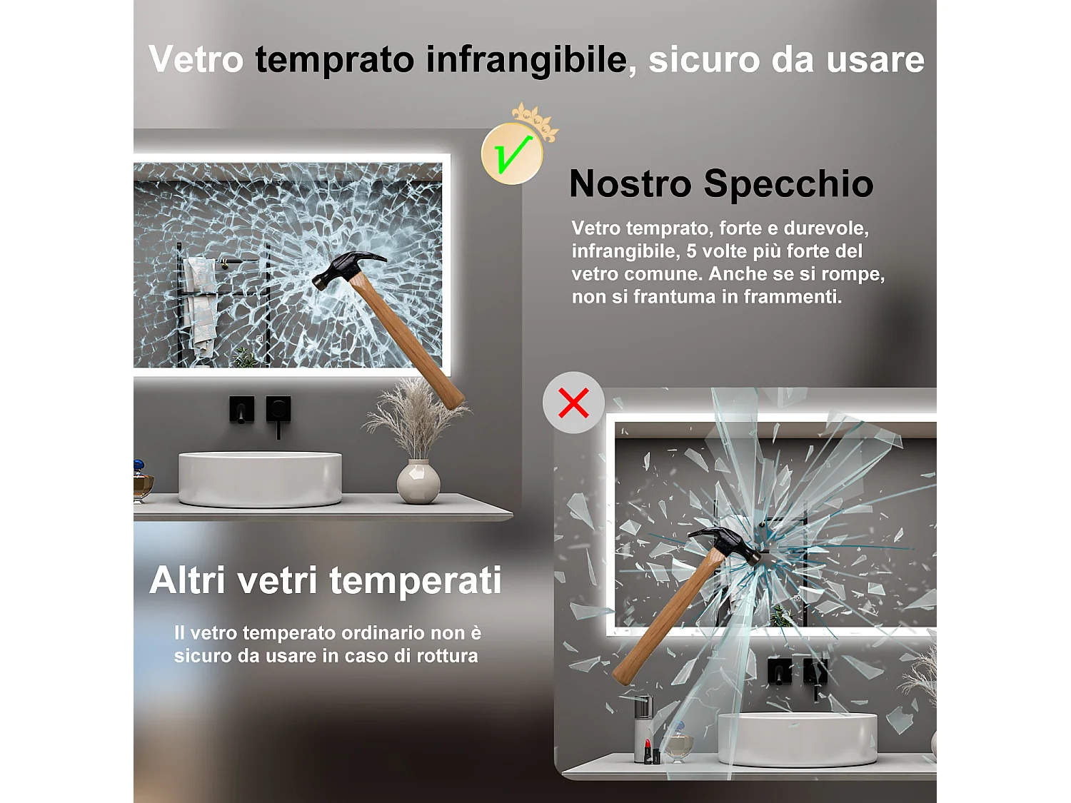 AICA Specchio da bagno  120 x 70 cm, dimmerabile, Funzione Memoria, antiappannamento, 3 colori