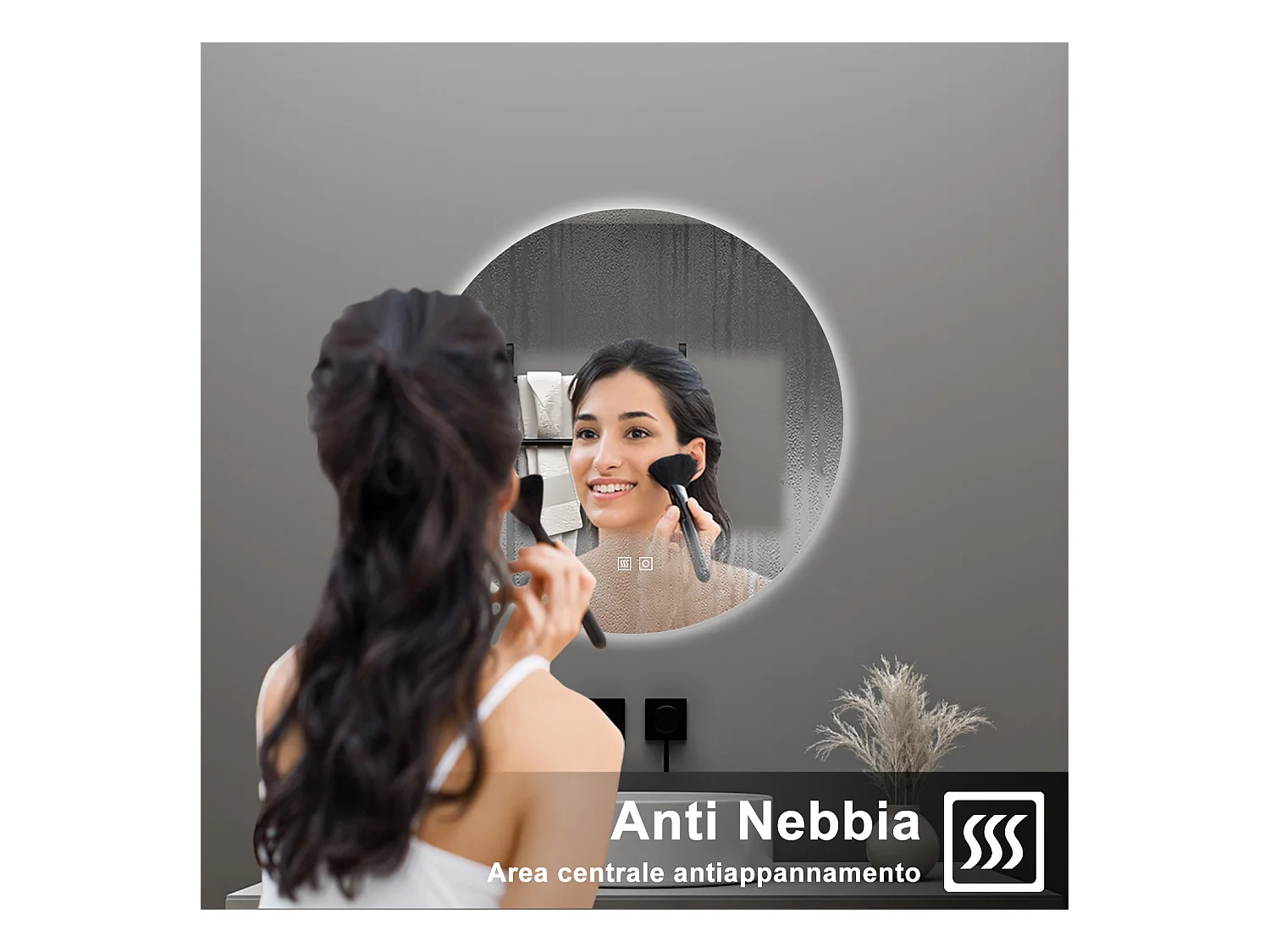 AICA Specchio da bagno 80 x 80 cm, 3 colori, antiappannamento, dimmerabile, interruttore touch, Funzione Memoria