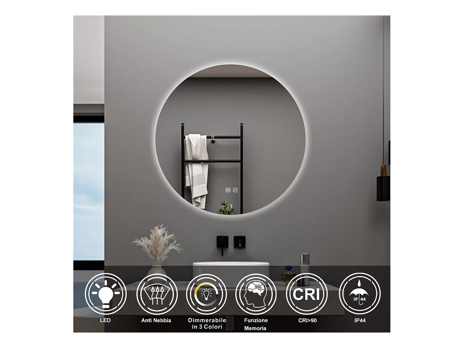 AICA Specchio da bagno 80 x 80 cm, 3 colori, antiappannamento, dimmerabile, interruttore touch, Funzione Memoria
