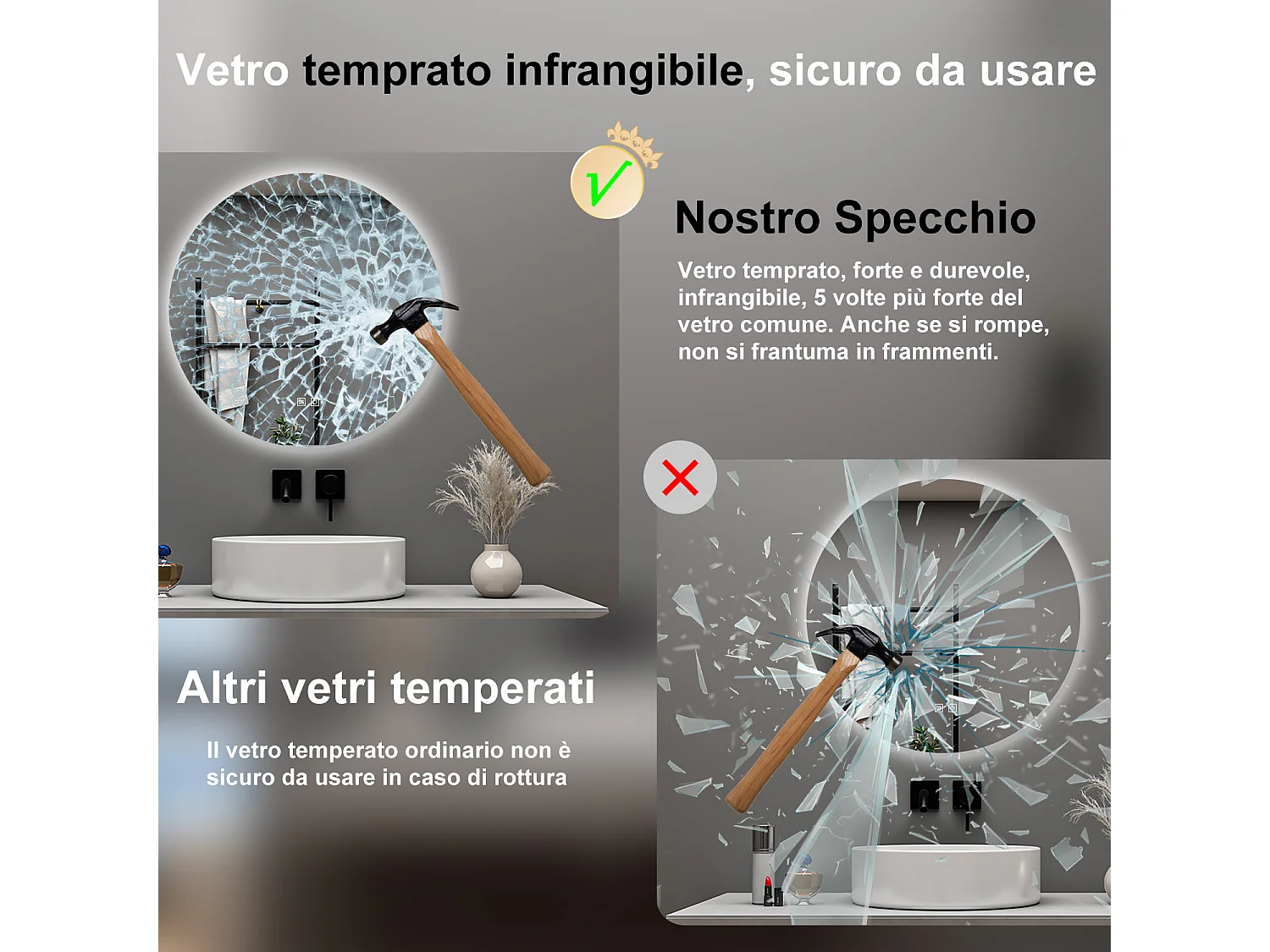 AICA Specchio da bagno 80 x 80 cm, 3 colori, antiappannamento, dimmerabile, interruttore touch, Funzione Memoria