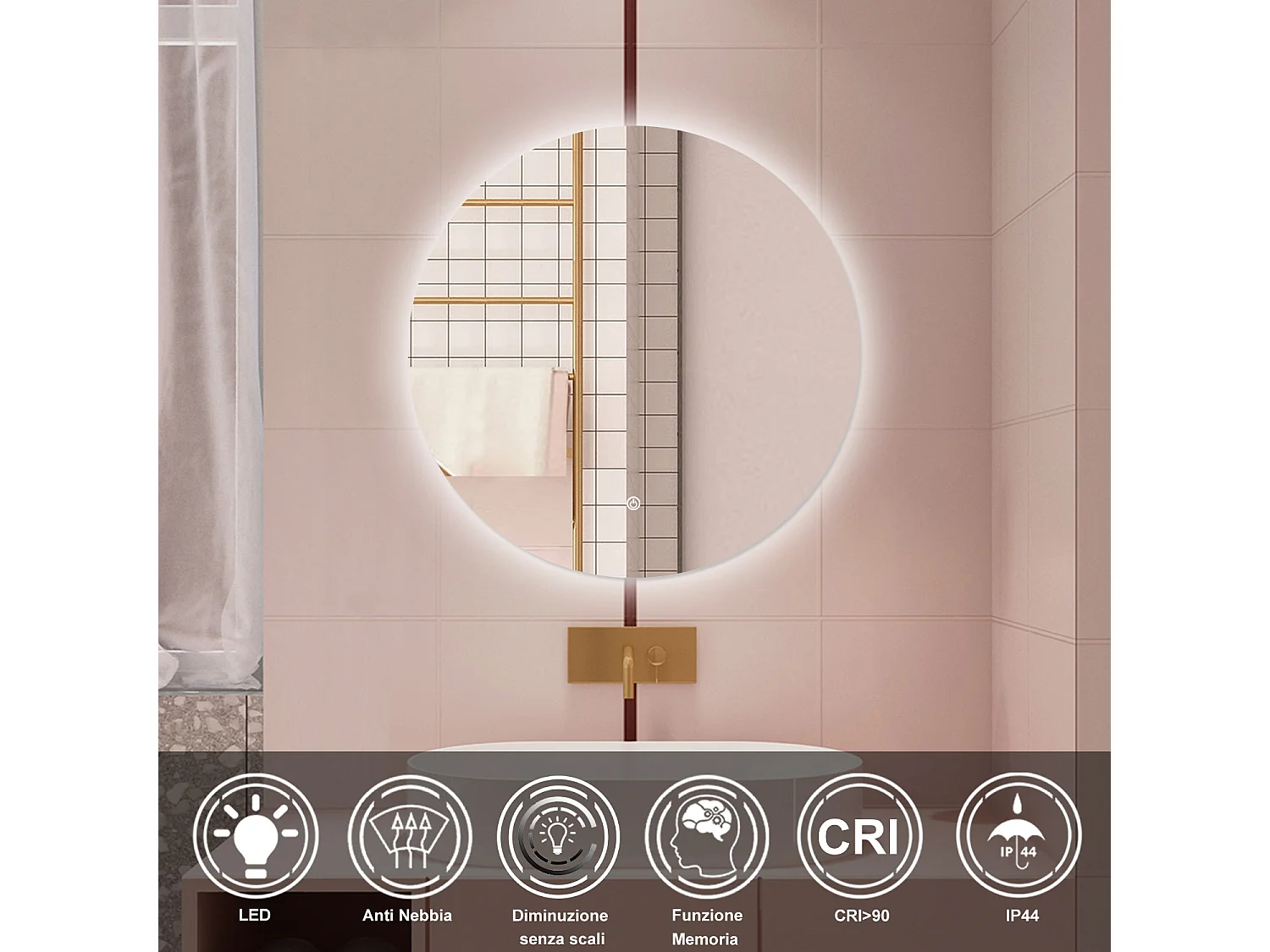 AICA Specchio da bagno 90 x 90 cm, antiappannamento, dimmerabile, interruttore touch, Funzione Memoria