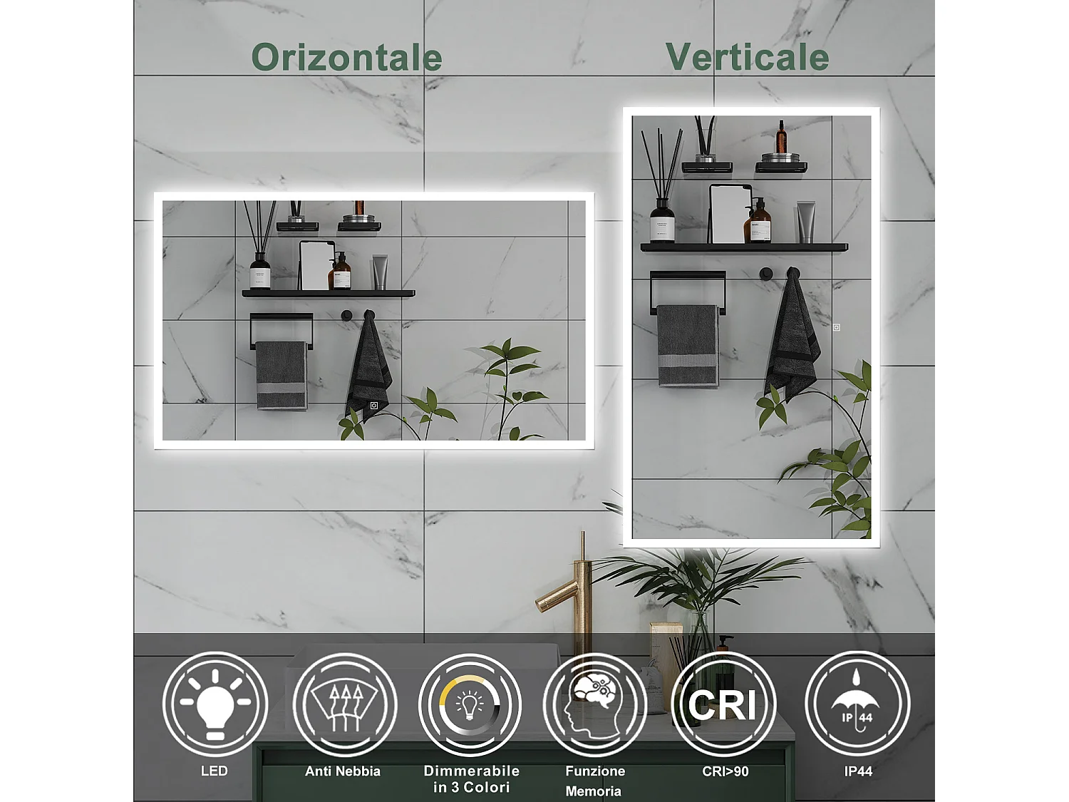 AICA Specchio da bagno  120 x 70 cm, dimmerabile, Funzione Memoria, antiappannamento, 3 colori