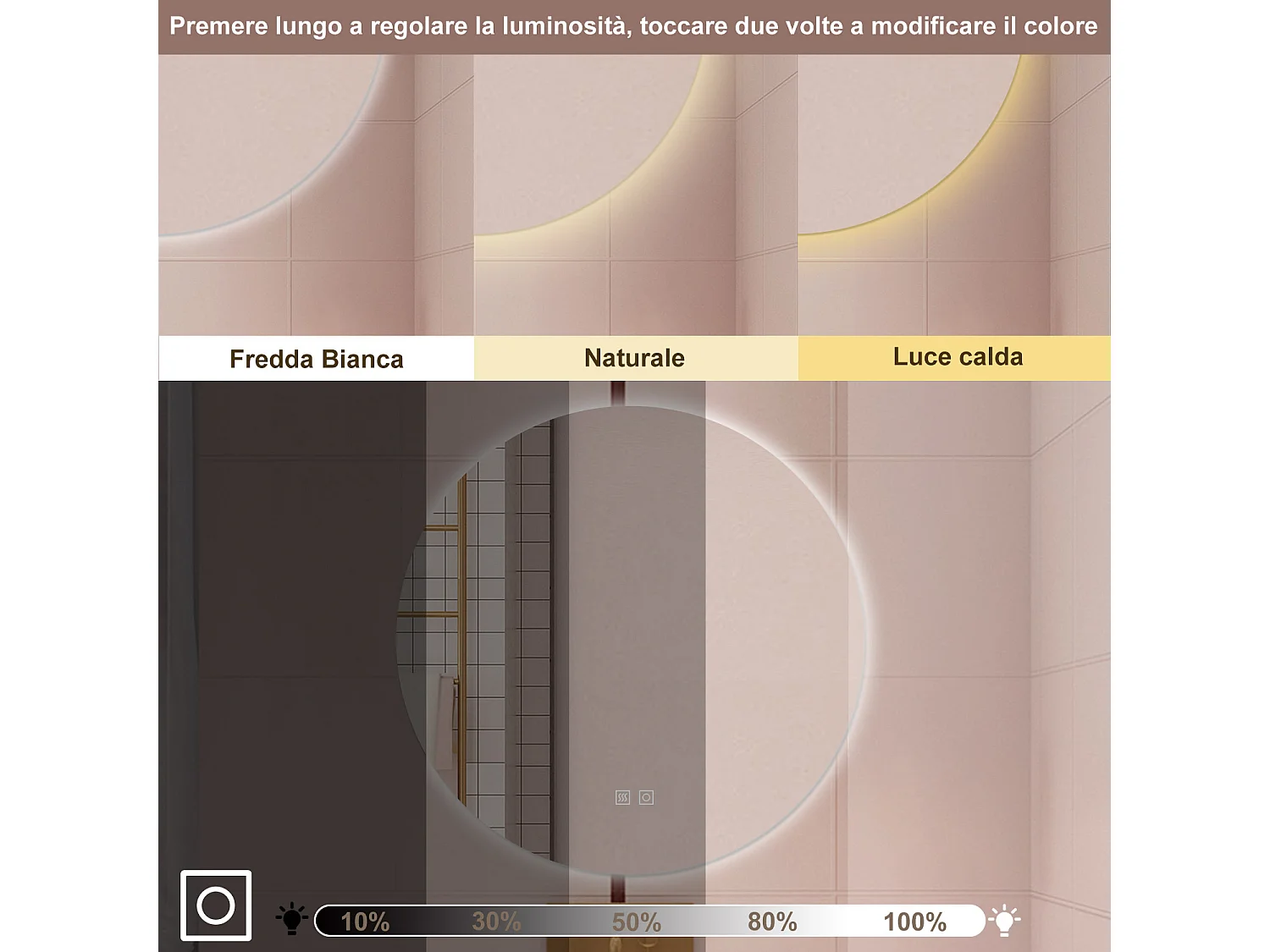 AICA Specchio da bagno 100 x 100 cm, 3 colori, antiappannamento, dimmerabile, interruttore touch, Funzione Memoria