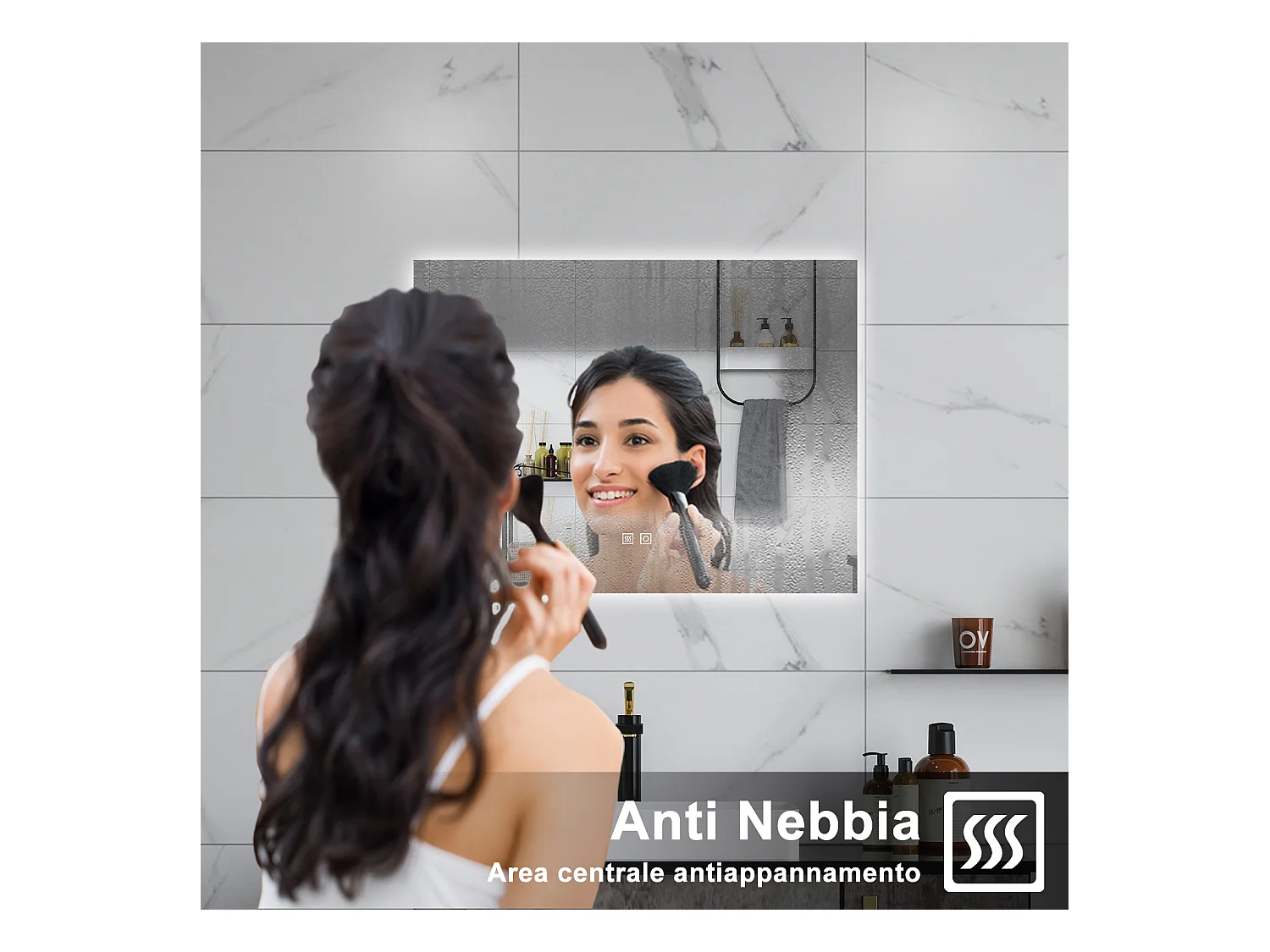 AICA Specchio da bagno 80 x 60 cm, dimmerabile, Funzione Memoria, antiappannamento, 3 colori