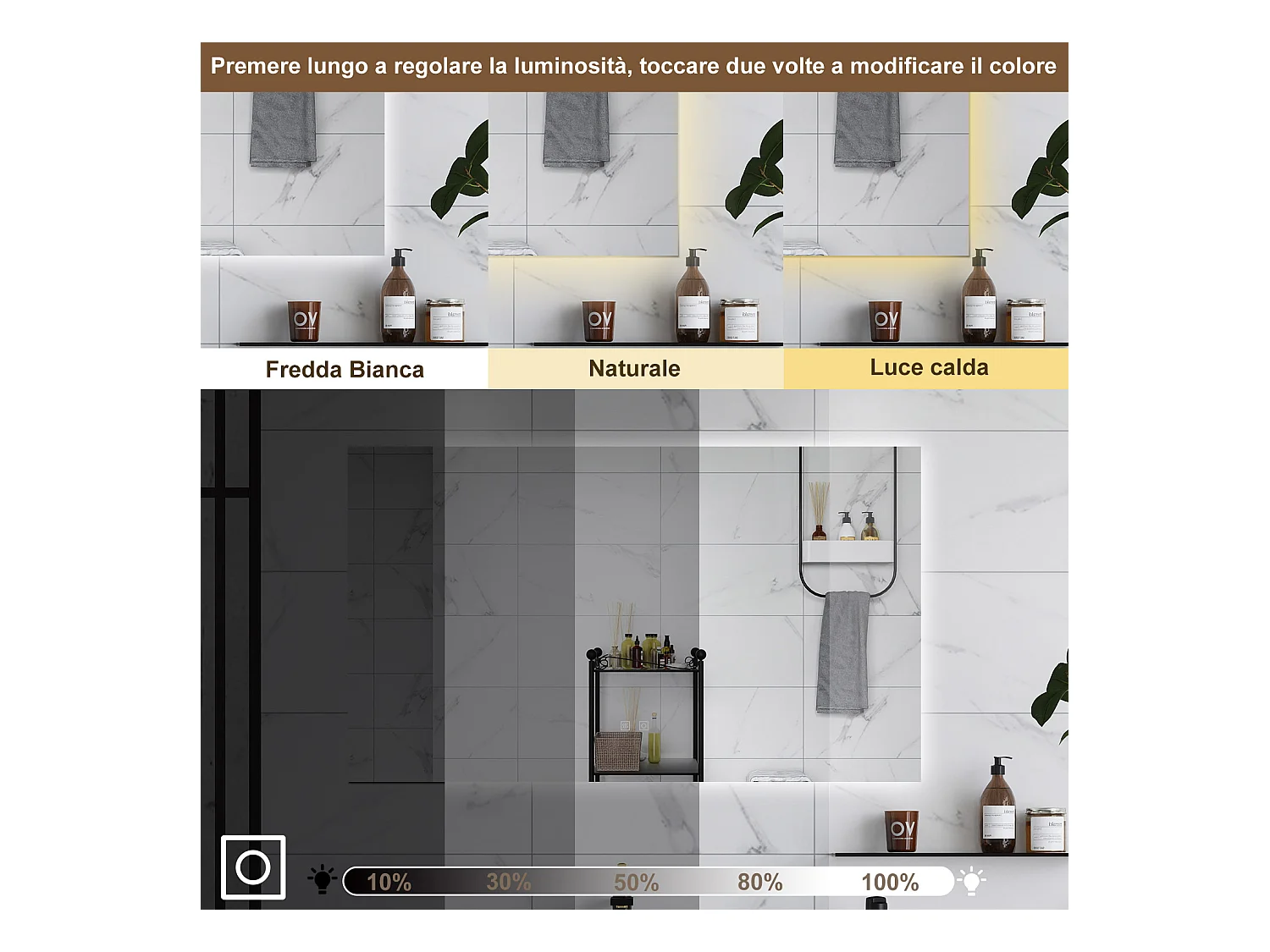 AICA Specchio da bagno 80 x 60 cm, dimmerabile, Funzione Memoria, antiappannamento, 3 colori