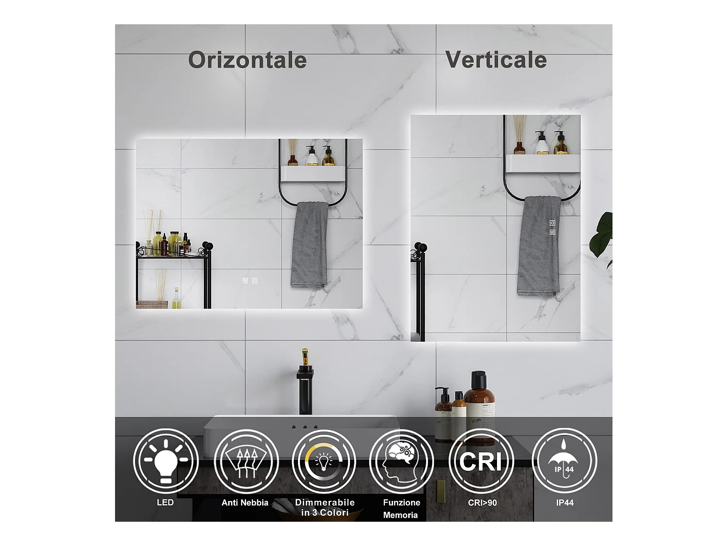 AICA Specchio da bagno 80 x 60 cm, dimmerabile, Funzione Memoria, antiappannamento, 3 colori