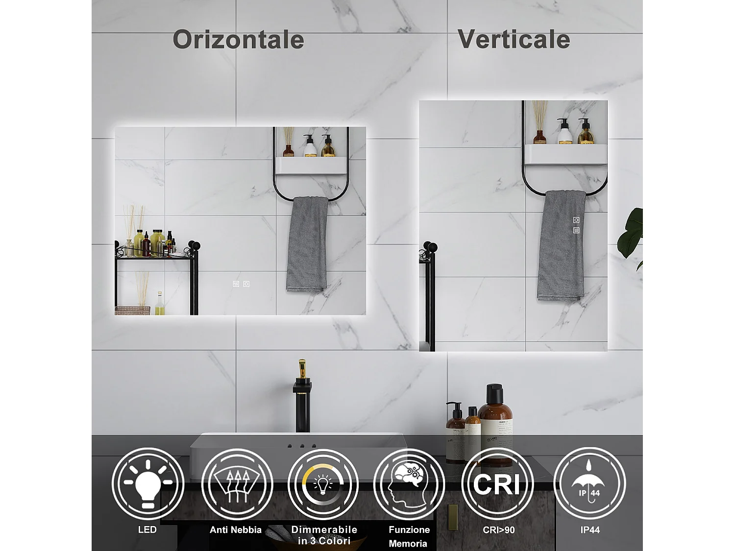 AICA Specchio da bagno 80 x 60 cm, dimmerabile, Funzione Memoria, antiappannamento, 3 colori