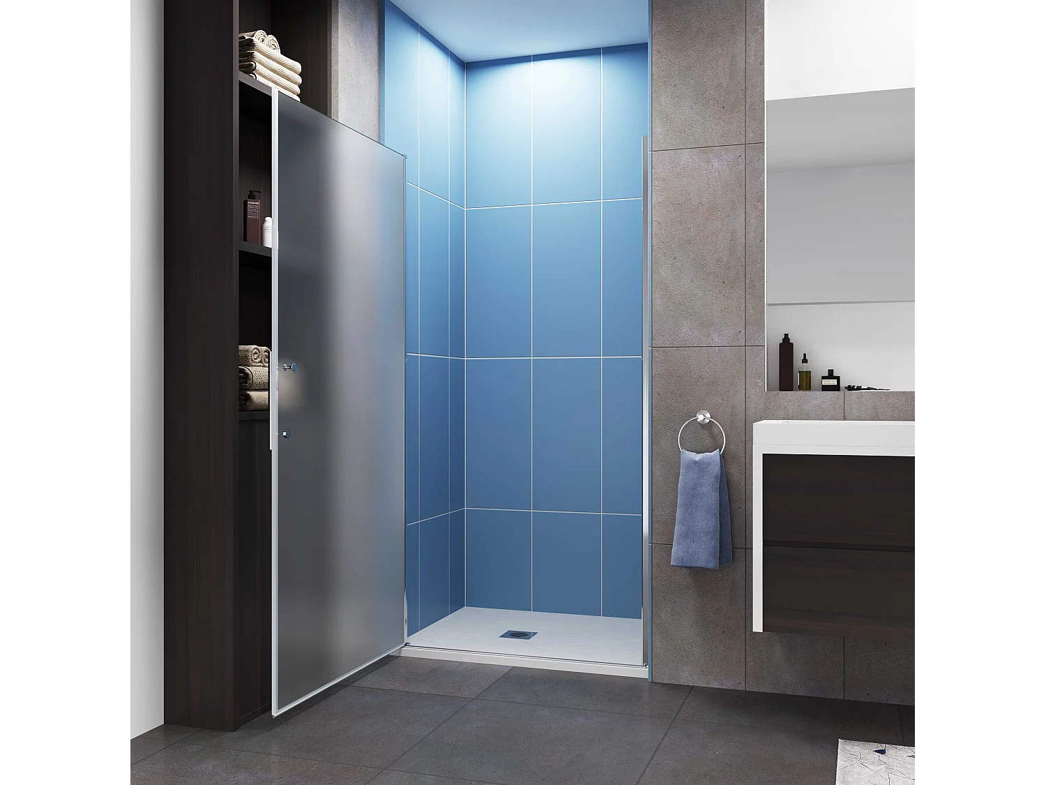 Aica verchroomde draaibare douchedeur in 6 mm matglas – L100xH185cm – Modern ontwerp, gemakkelijk te openen en gegarandeerde privacy, nisinstallatie