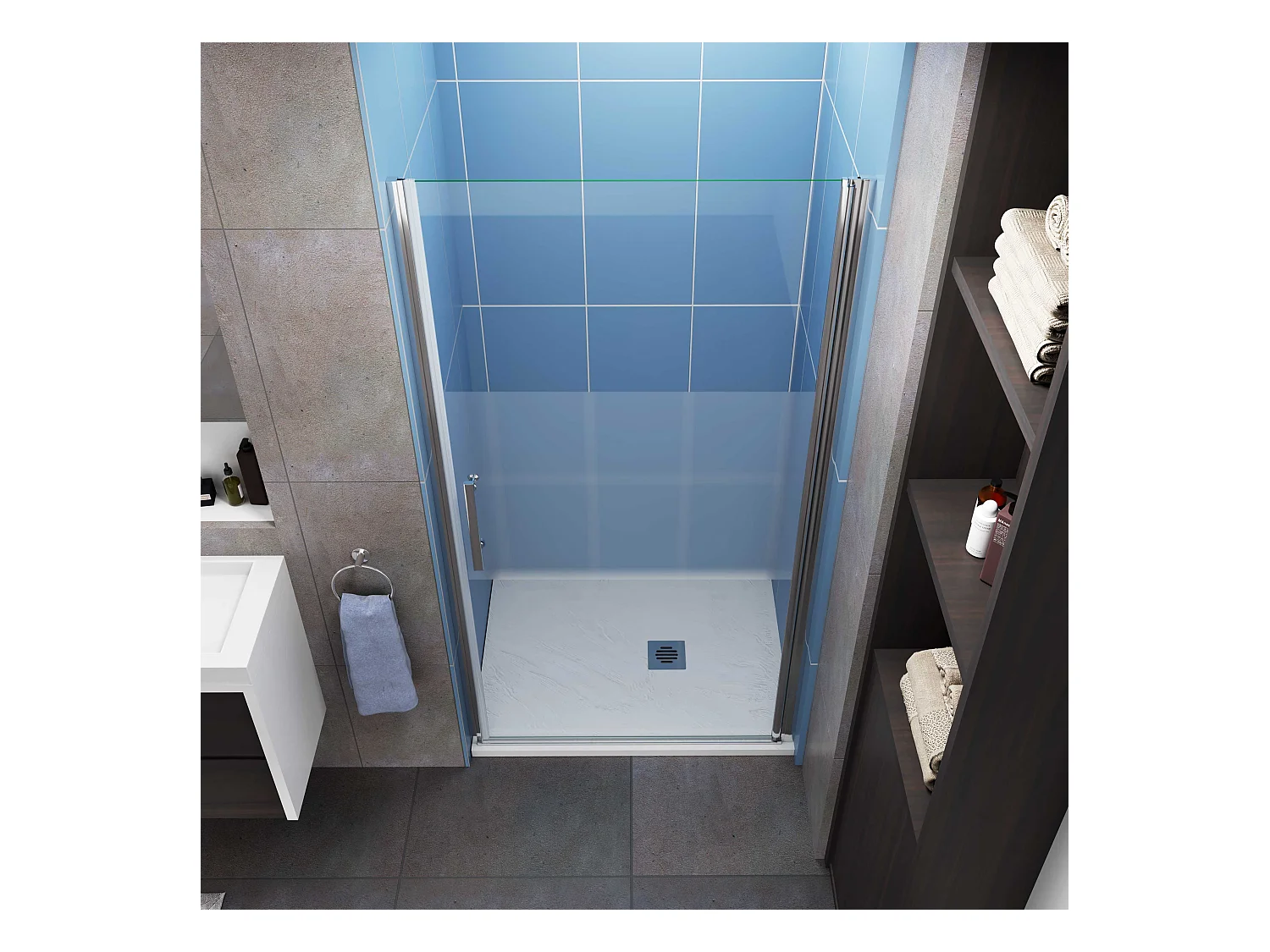 Aica Porte de Douche Pivotante Chrome L100xH185cm en verre bande central Dépoli ,6mm Verre Anticalcaire Pivotant à 90°—Installation en niche