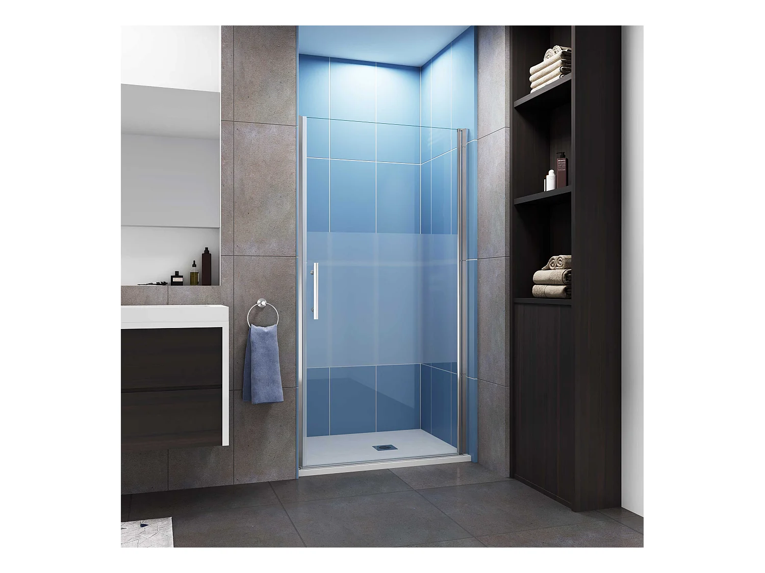 Aica Porte de Douche Pivotante Chrome L100xH185cm en verre bande central Dépoli ,6mm Verre Anticalcaire Pivotant à 90°—Installation en niche