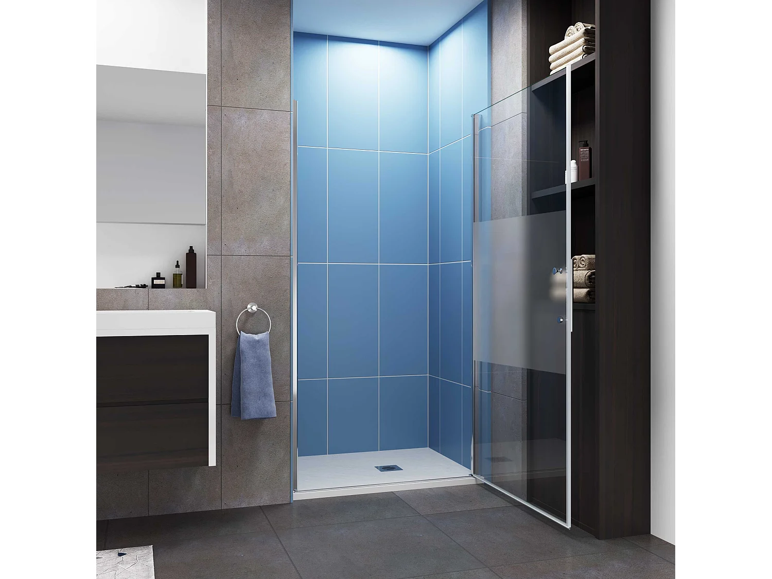 Aica Porte de Douche Pivotante Chrome L100xH185cm en verre bande central Dépoli ,6mm Verre Anticalcaire Pivotant à 90°—Installation en niche