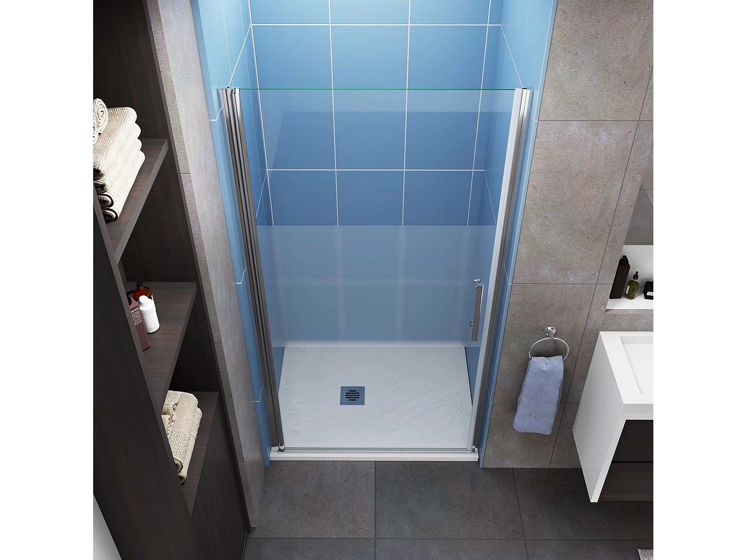 Aica Porte de Douche Pivotante Chrome L100xH185cm en verre bande central Dépoli ,6mm Verre Anticalcaire Pivotant à 90°—Installation à gauche en niche