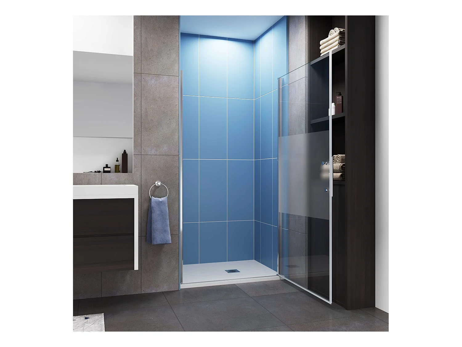 Aica Porte de Douche Pivotante Chrome L80xH185cm en verre bande central Dépoli ,6mm Verre Anticalcaire Pivotant à 90°—Installation en niche