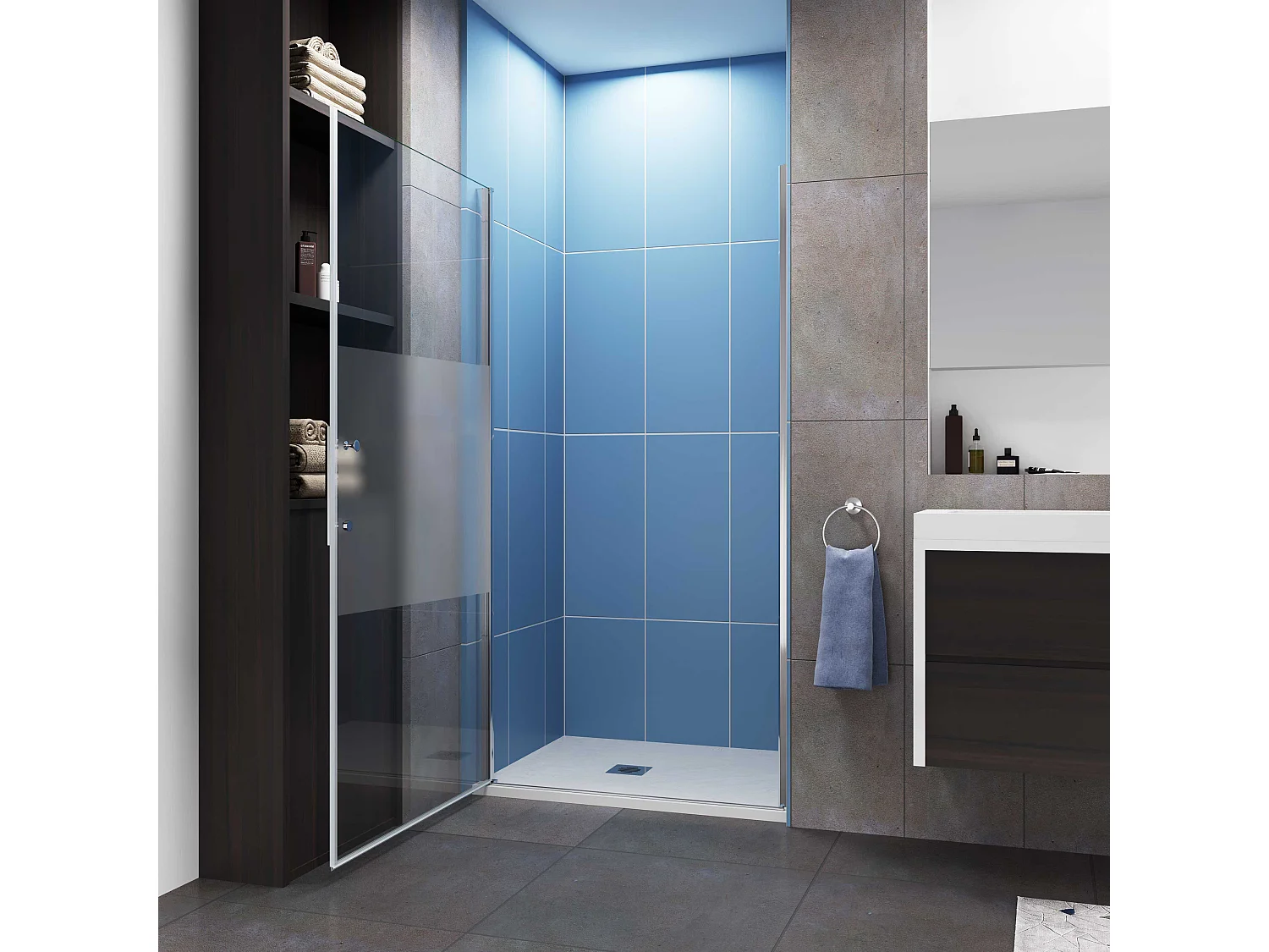 Aica Porte de Douche Pivotante Chrome L80xH185cm en verre bande central Dépoli ,6mm Verre Anticalcaire Pivotant à 90°—Installation à gauche en niche