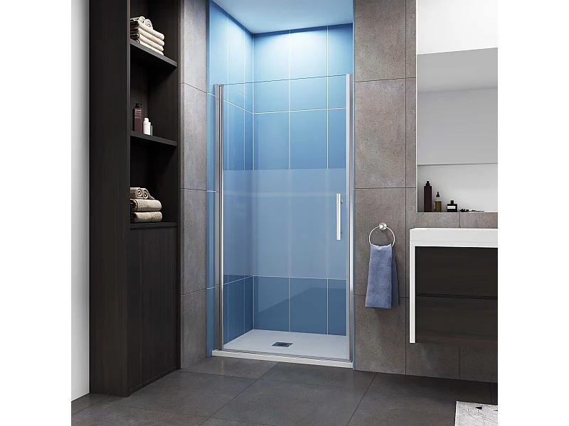 Aica Porte de Douche Pivotante Chrome L80xH185cm en verre bande central Dépoli ,6mm Verre Anticalcaire Pivotant à 90°—Installation à gauche en niche