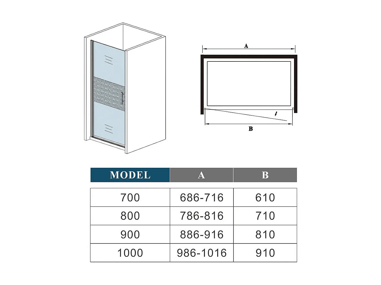 Aica Porte de Douche Pivotante Chrome L70xH185cm en verre bande central Dépoli ,6mm Verre Anticalcaire Pivotant à 90°—Installation à gauche en niche