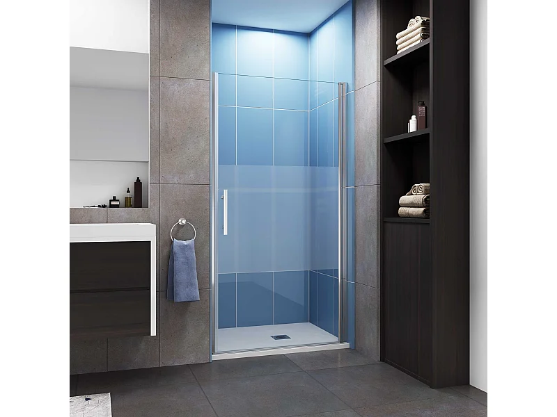 Aica Porte de Douche Pivotante Chrome L90xH185cm en verre bande central Dépoli ,6mm Verre Anticalcaire Pivotant à 90°—Installation en niche