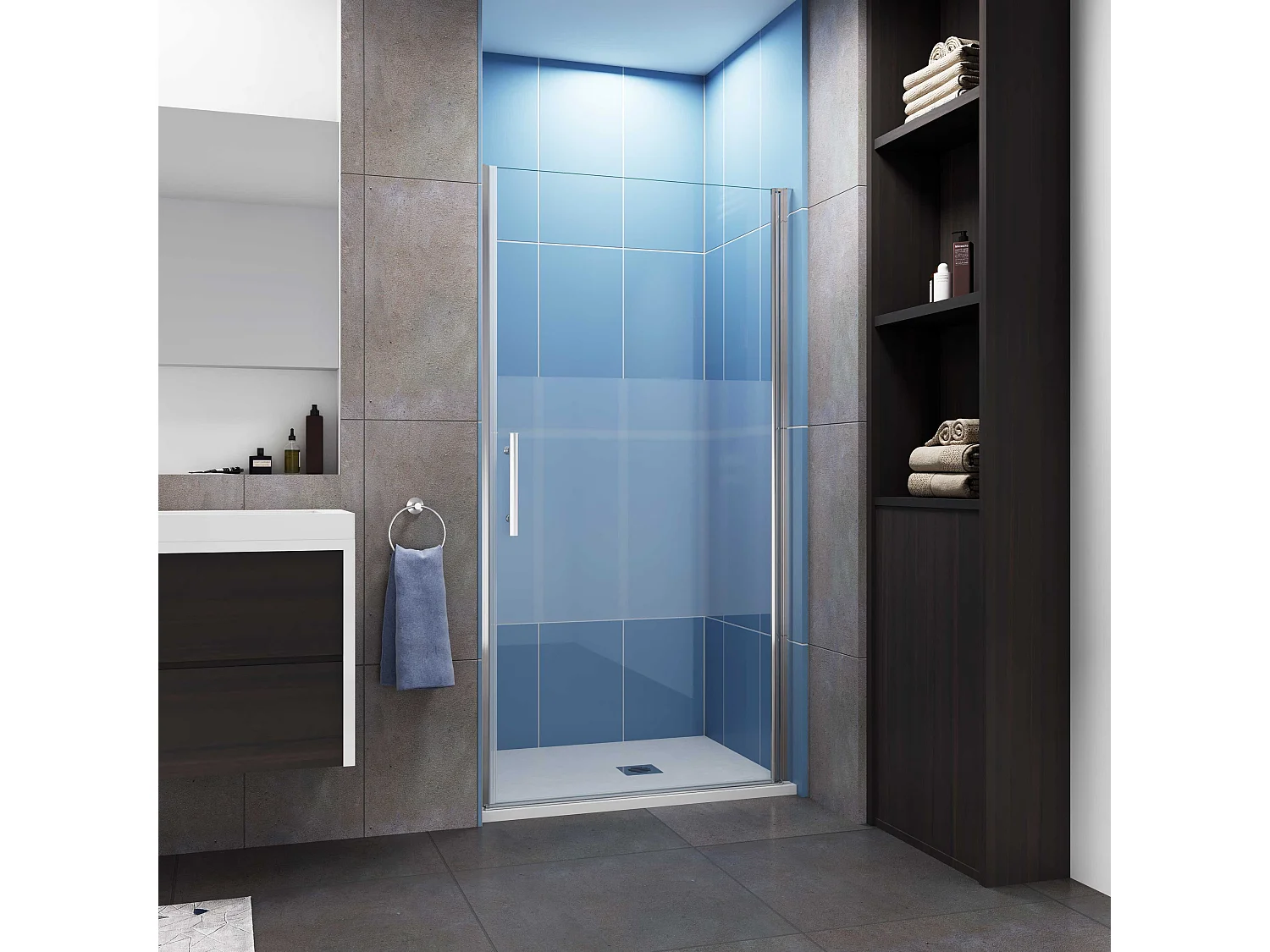 Aica Porte de Douche Pivotante Chrome L90xH185cm en verre bande central Dépoli ,6mm Verre Anticalcaire Pivotant à 90°—Installation en niche