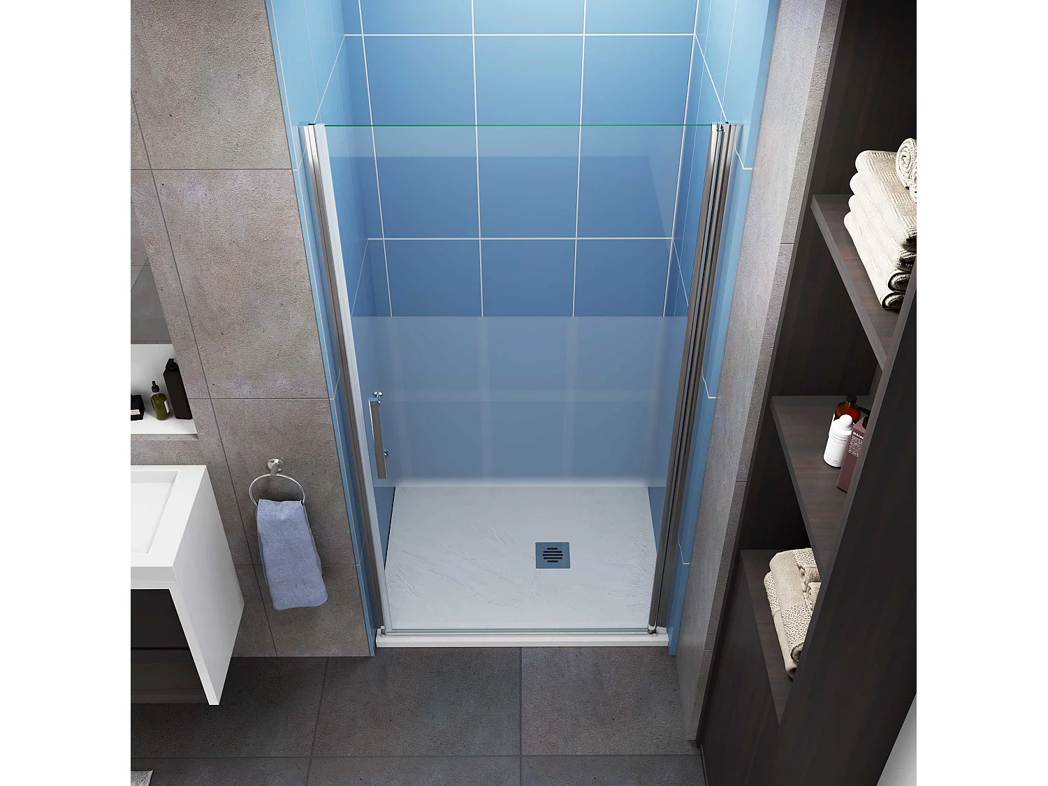 Aica Porte de Douche Pivotante Chrome L90xH185cm en verre bande central Dépoli ,6mm Verre Anticalcaire Pivotant à 90°—Installation en niche