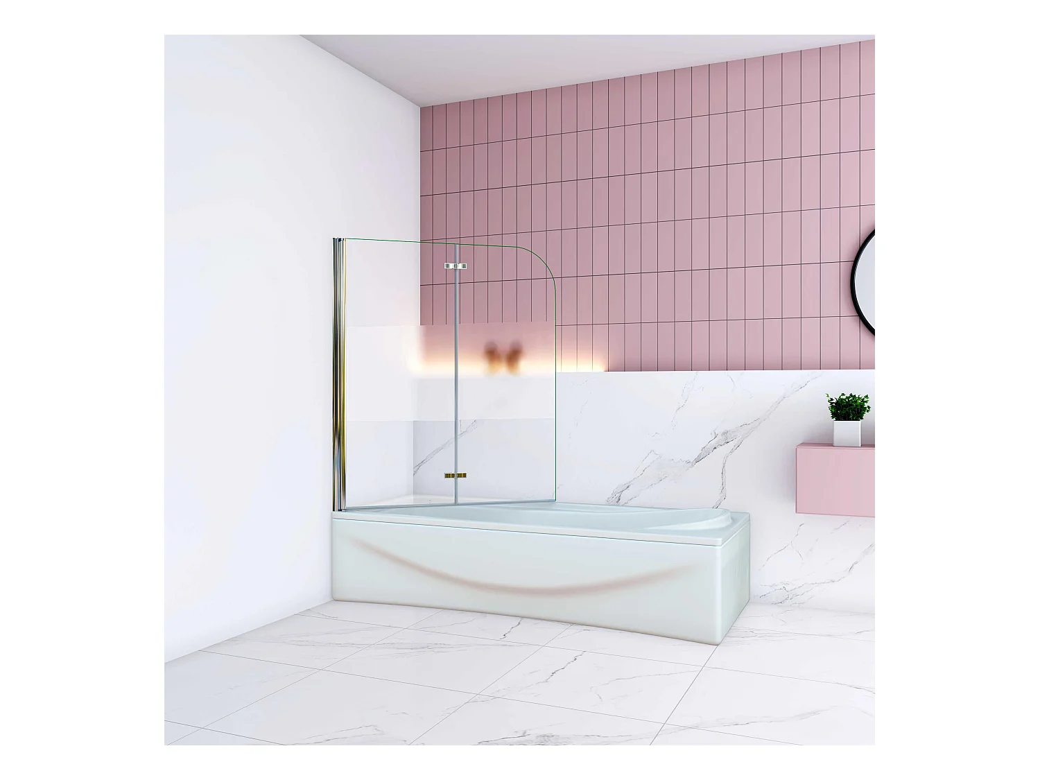 AICA Pare baignoire Chrome au angle arrondis pivotant 180°–L90xH140cm —bande central dépoli et style industriel – 6mm verre anticalcaire