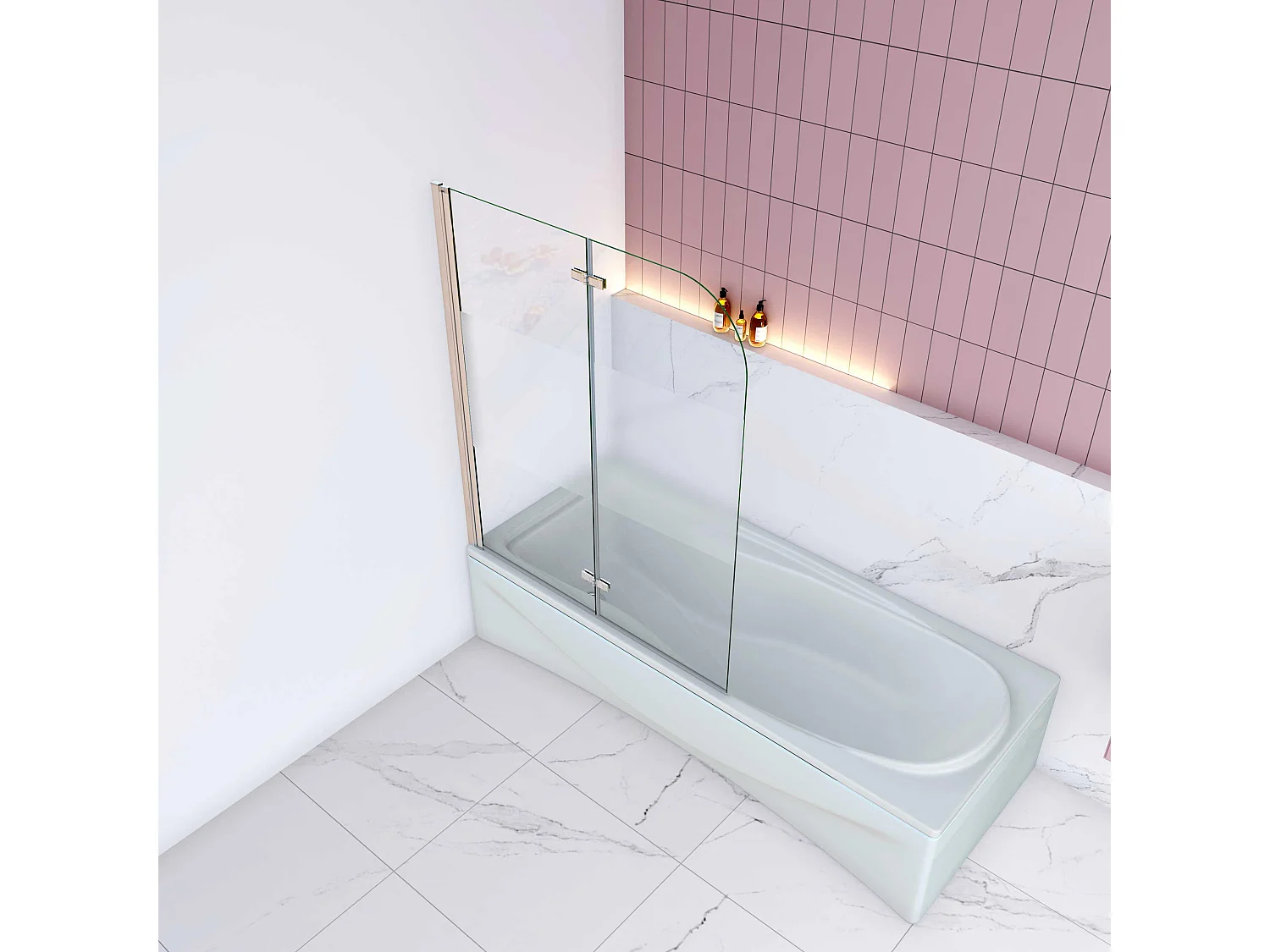 AICA Pare baignoire Chrome au angle arrondis pivotant 180°–L90xH140cm —bande central dépoli et style industriel – 6mm verre anticalcaire