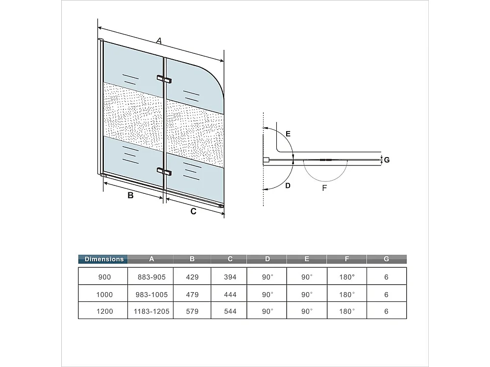 AICA Pare baignoire Chrome au angle arrondis pivotant 180°–L90xH140cm —bande central dépoli et style industriel – 6mm verre anticalcaire